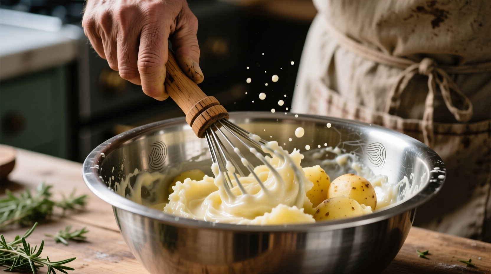 Hand whisking mashed potatoes in stainless steel bowl