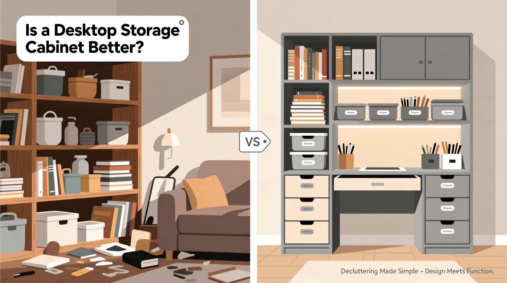 is a desktop storage cabinet really better than open shelves for decluttering your home