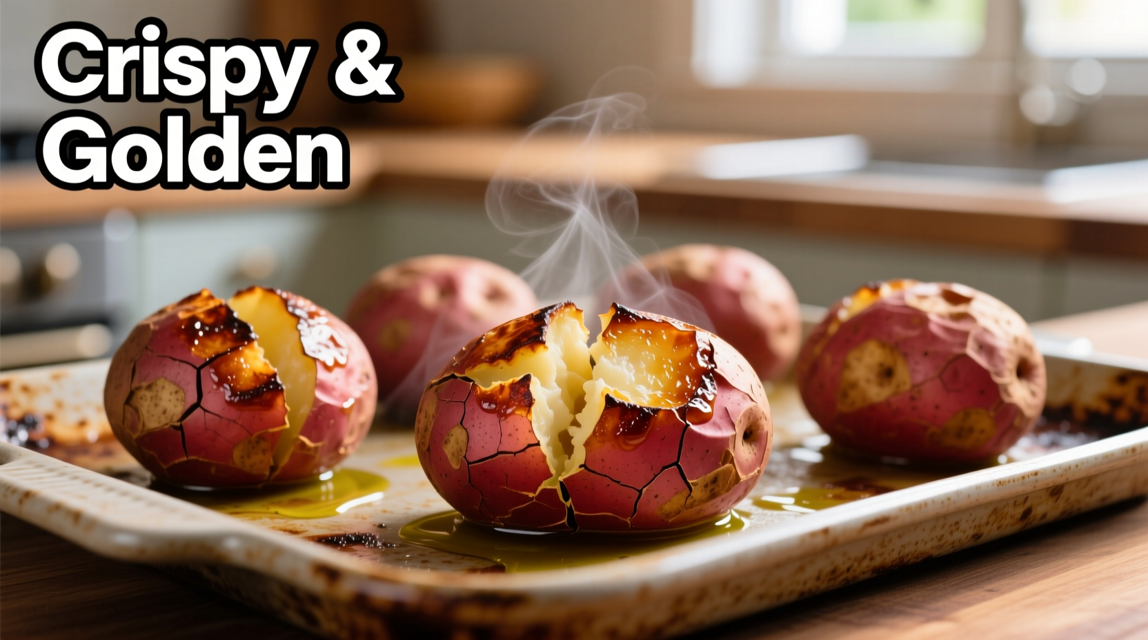 Perfectly roasted red potatoes with crispy skin on baking sheet