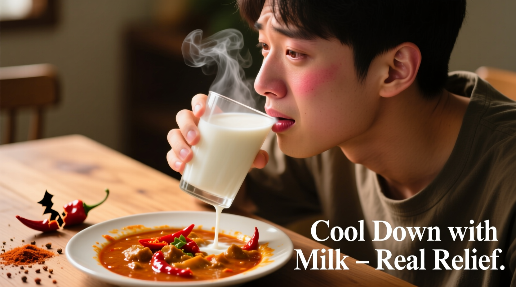 Person drinking milk to relieve spicy food burn