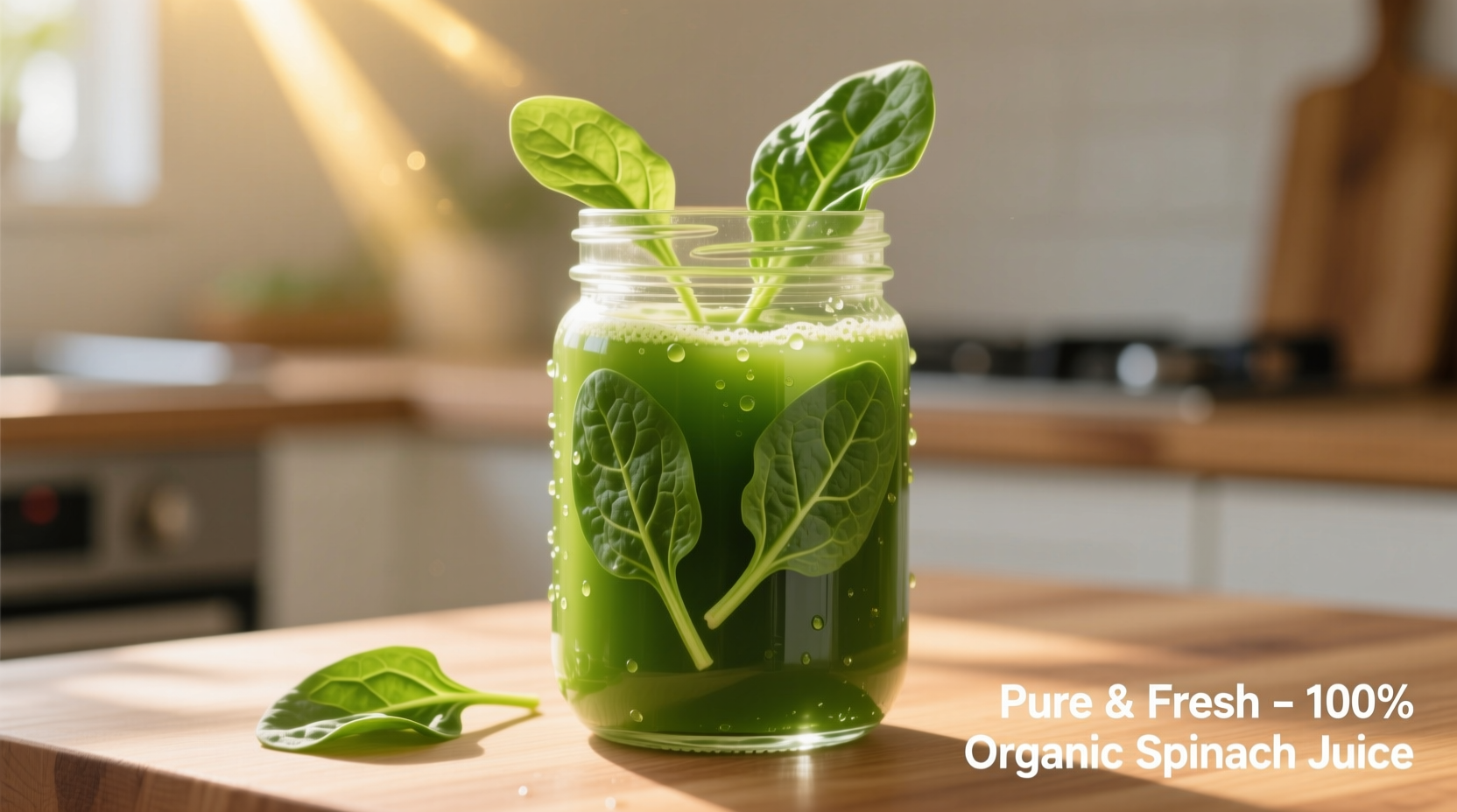 Frischer grüner Spinatsaft in Glas mit Spinatblättern