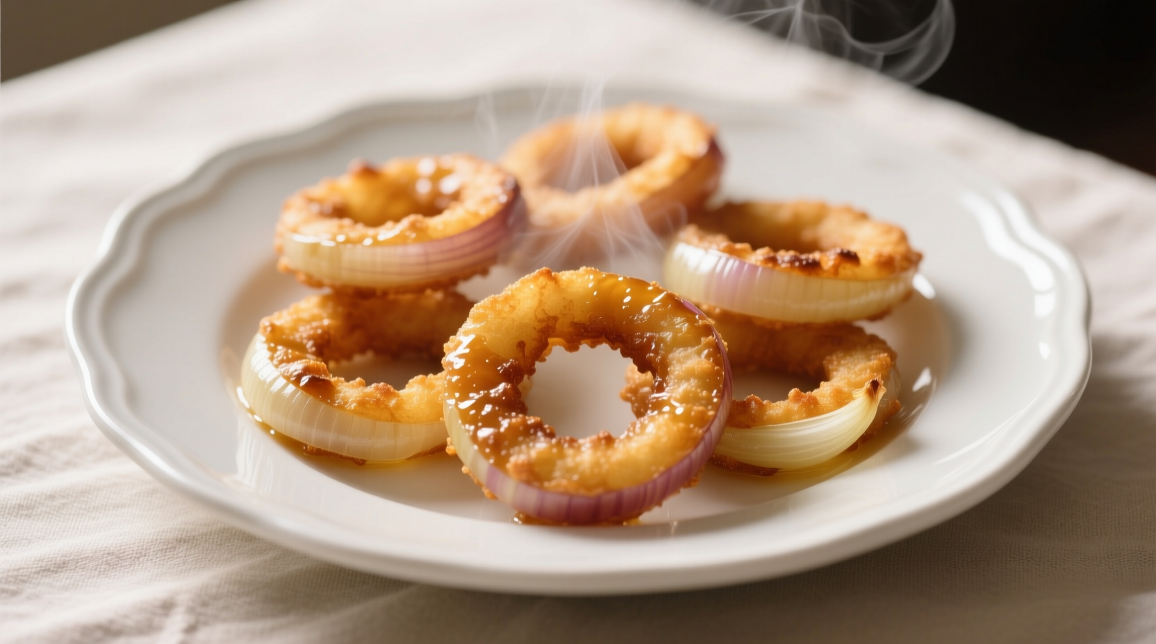 Golden brown onion rings served on white plate