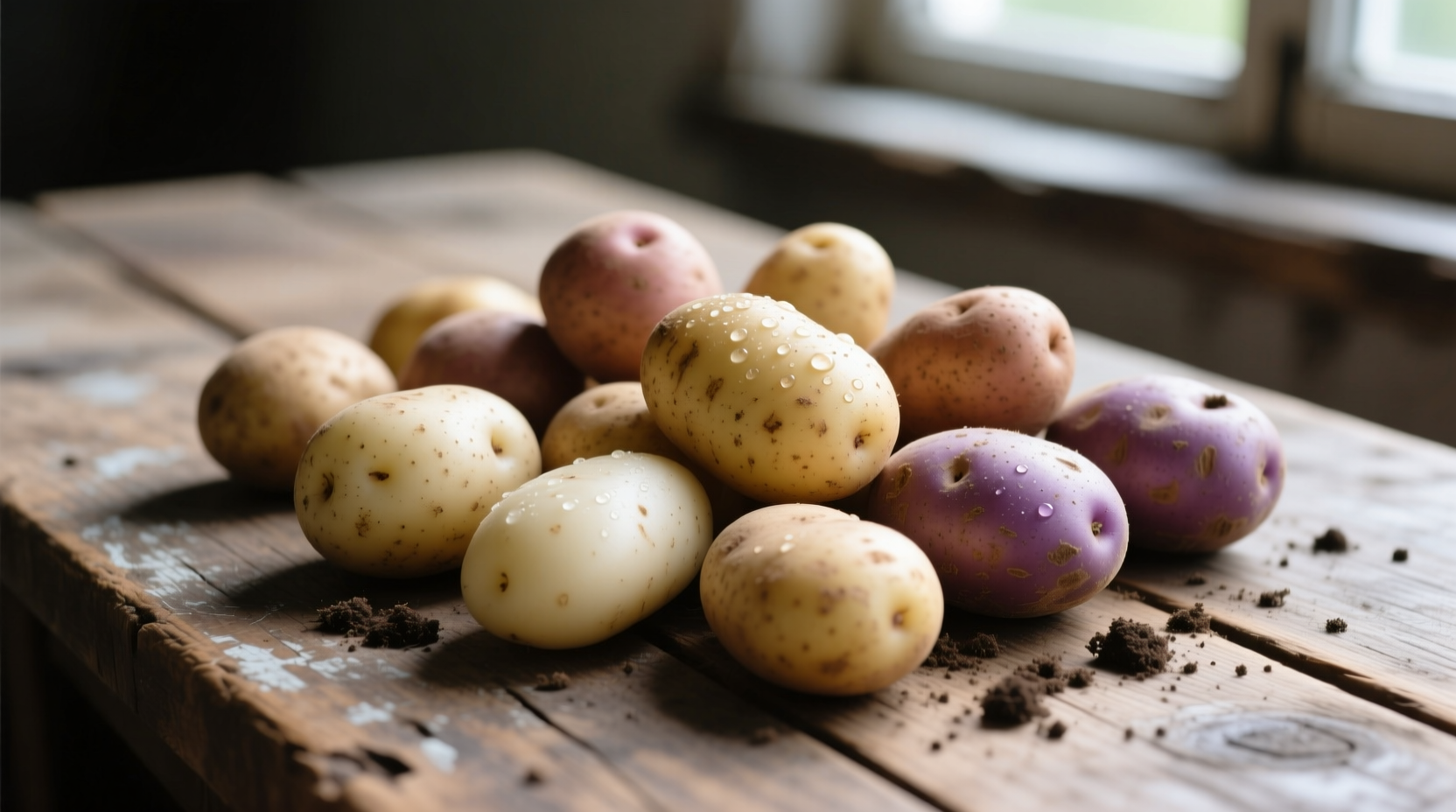 Assorted waxy potato varieties on wooden table