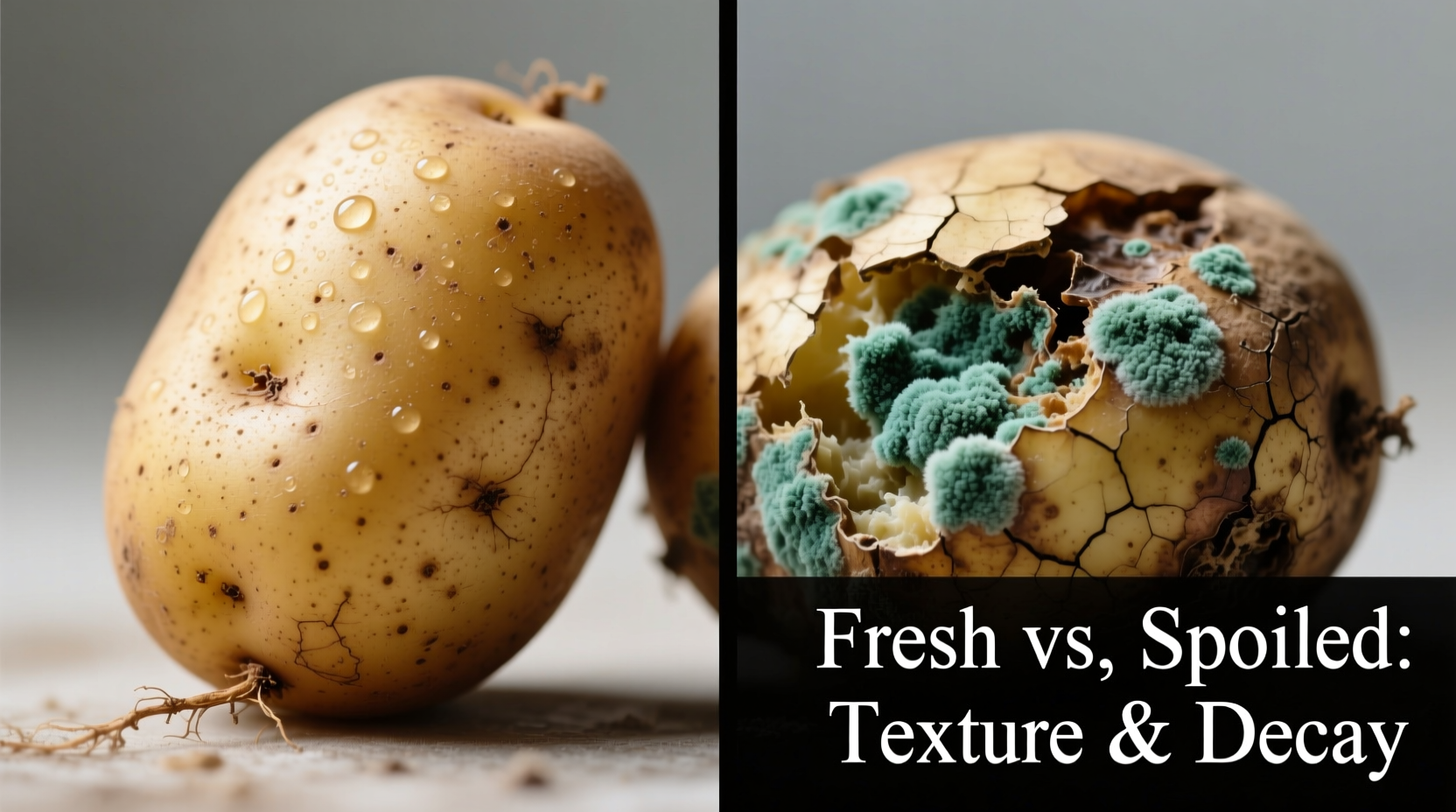 Close-up of healthy versus spoiled potatoes showing texture differences