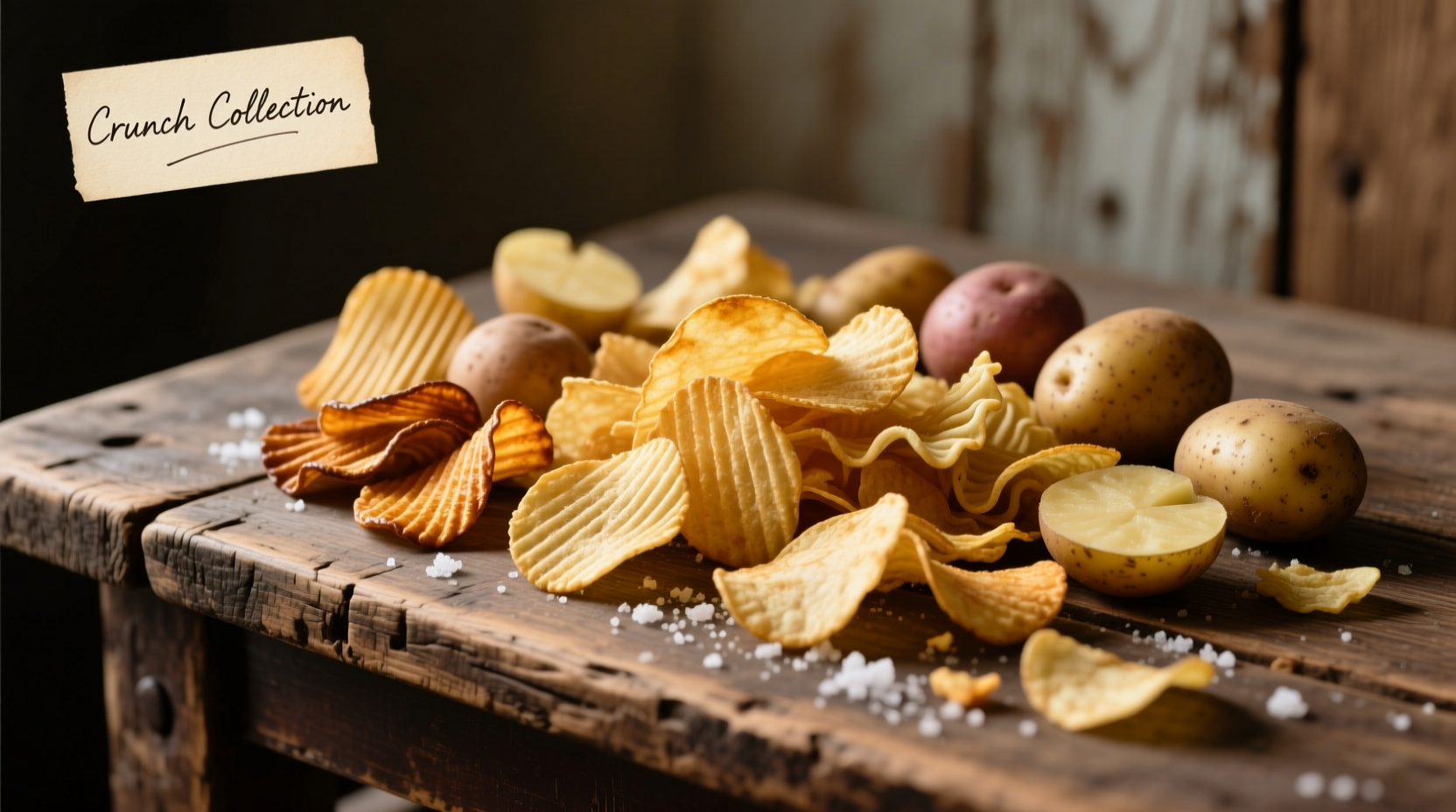 Various potato chip varieties on wooden table