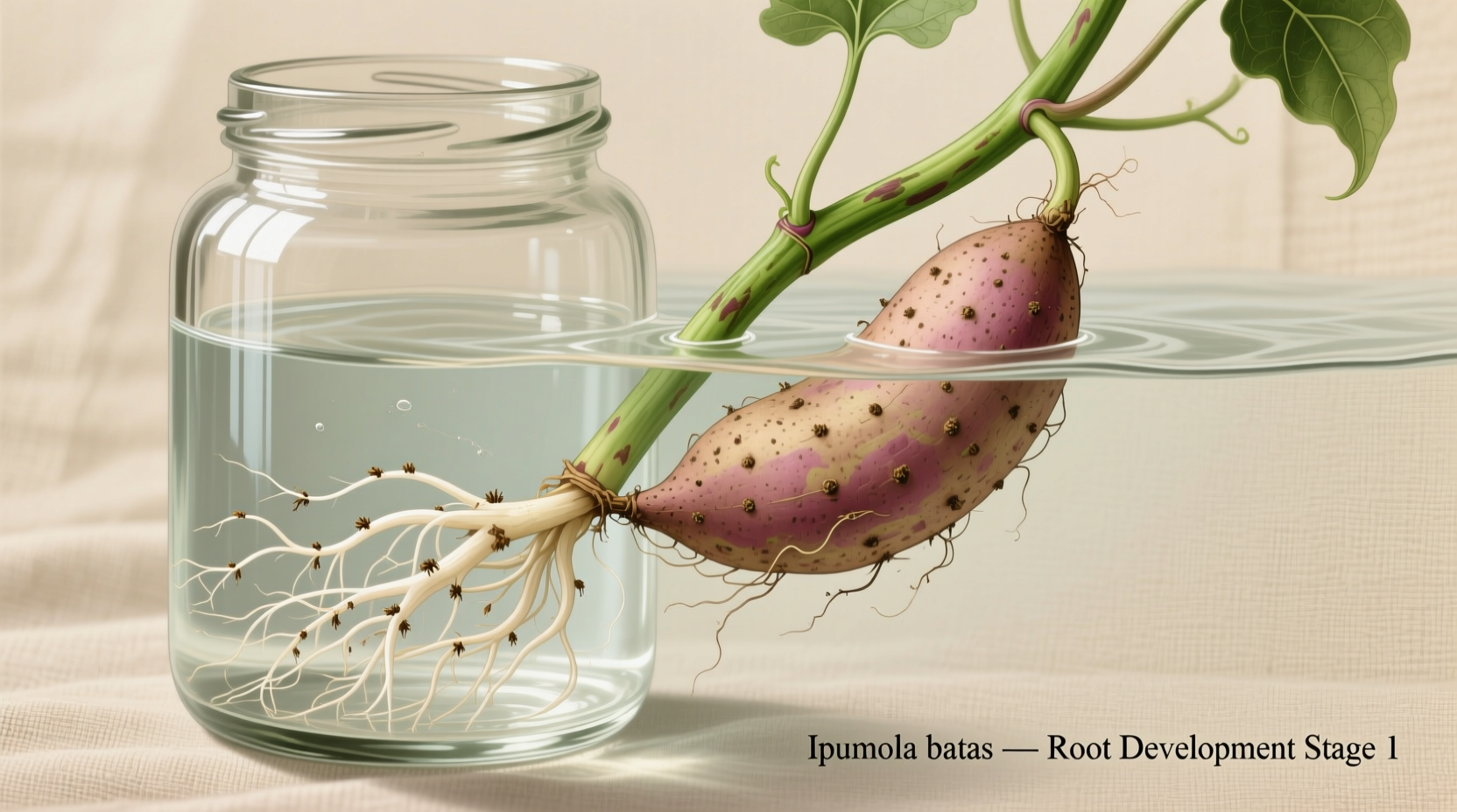 Sweet potato vine cutting in water with developing roots