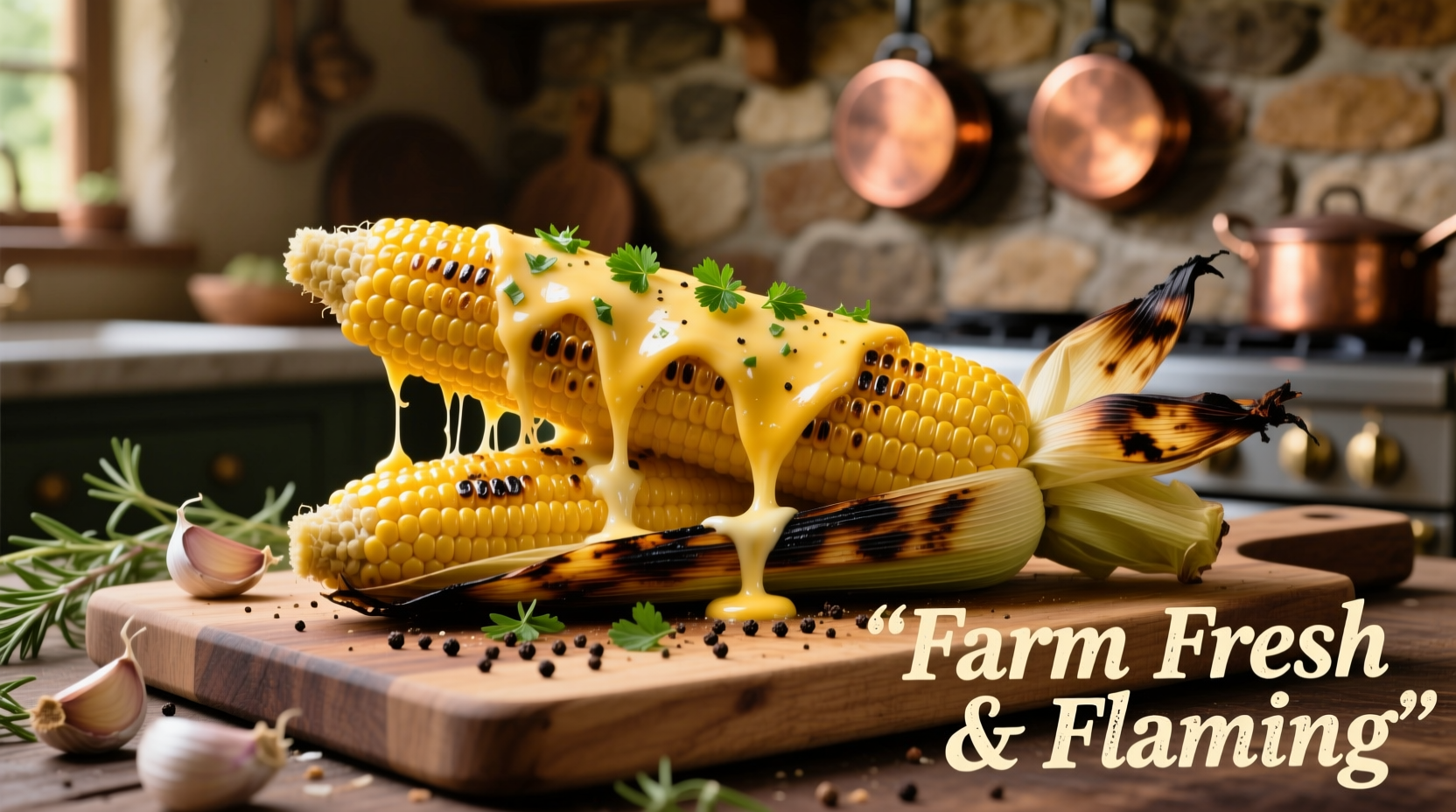 Golden corn on cob with melted cheese and garlic butter