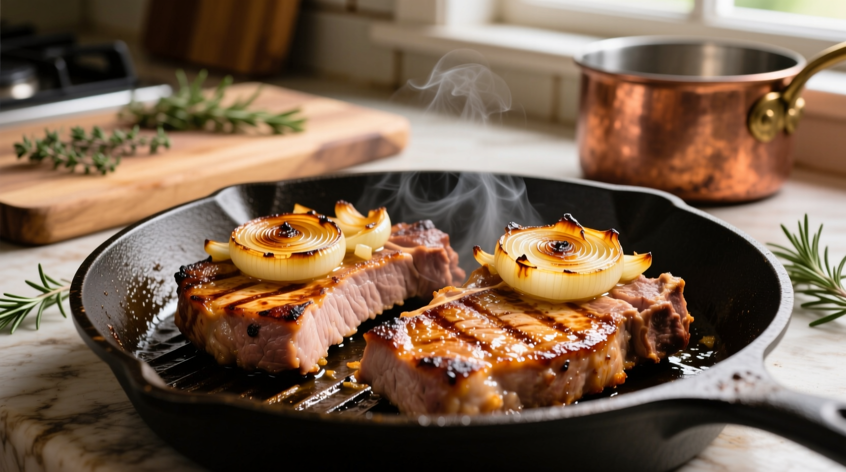 Golden-brown pork chops with onion crust