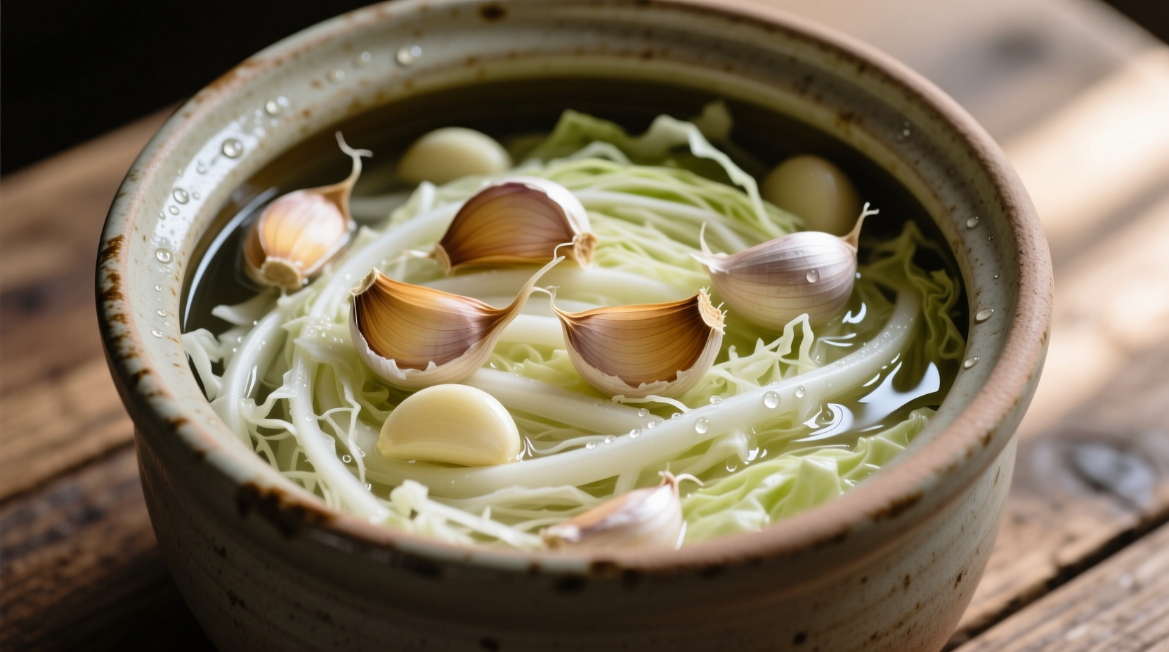 Fresh garlic cloves mixed with shredded cabbage in fermentation crock