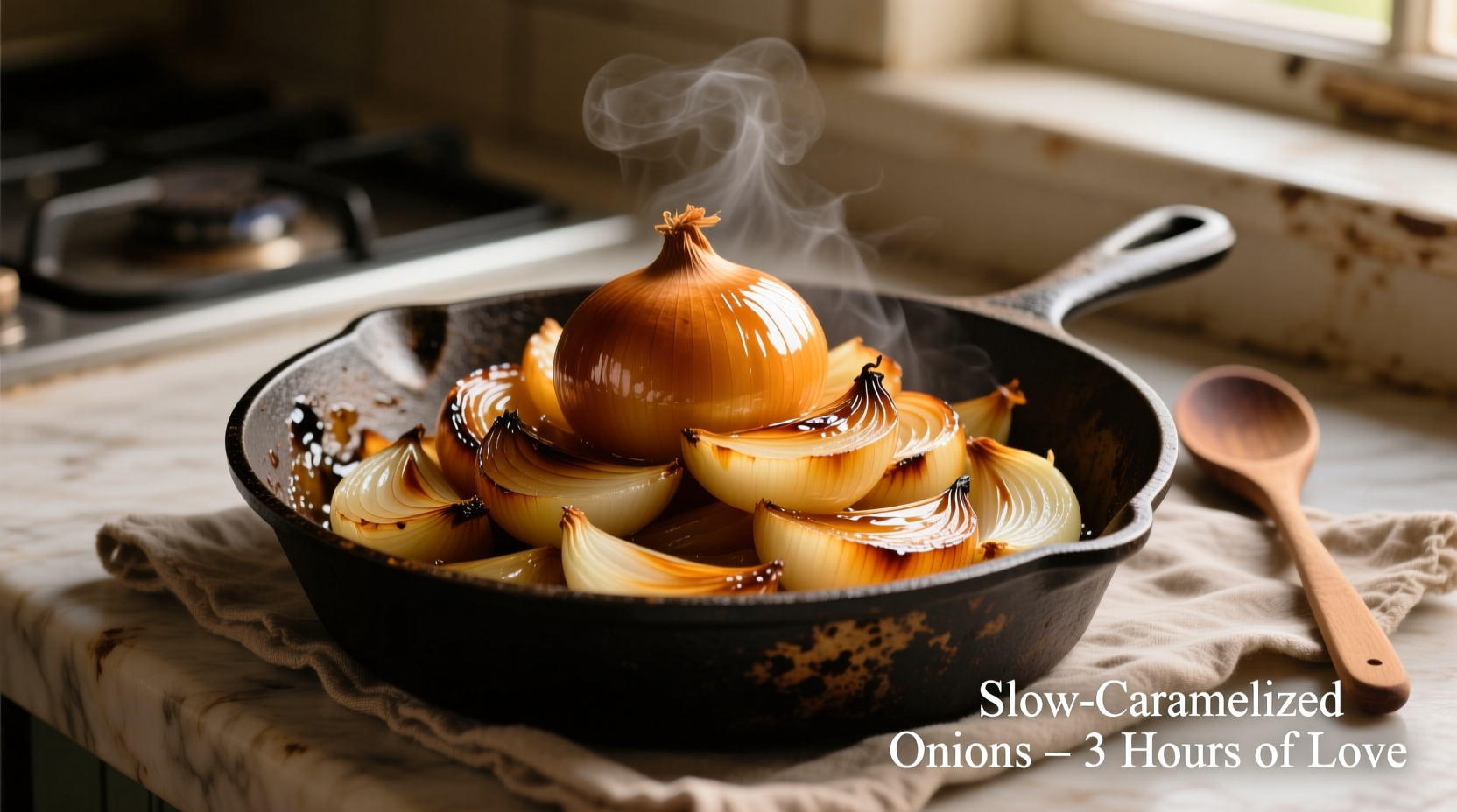 Perfectly caramelized onions on cast iron skillet