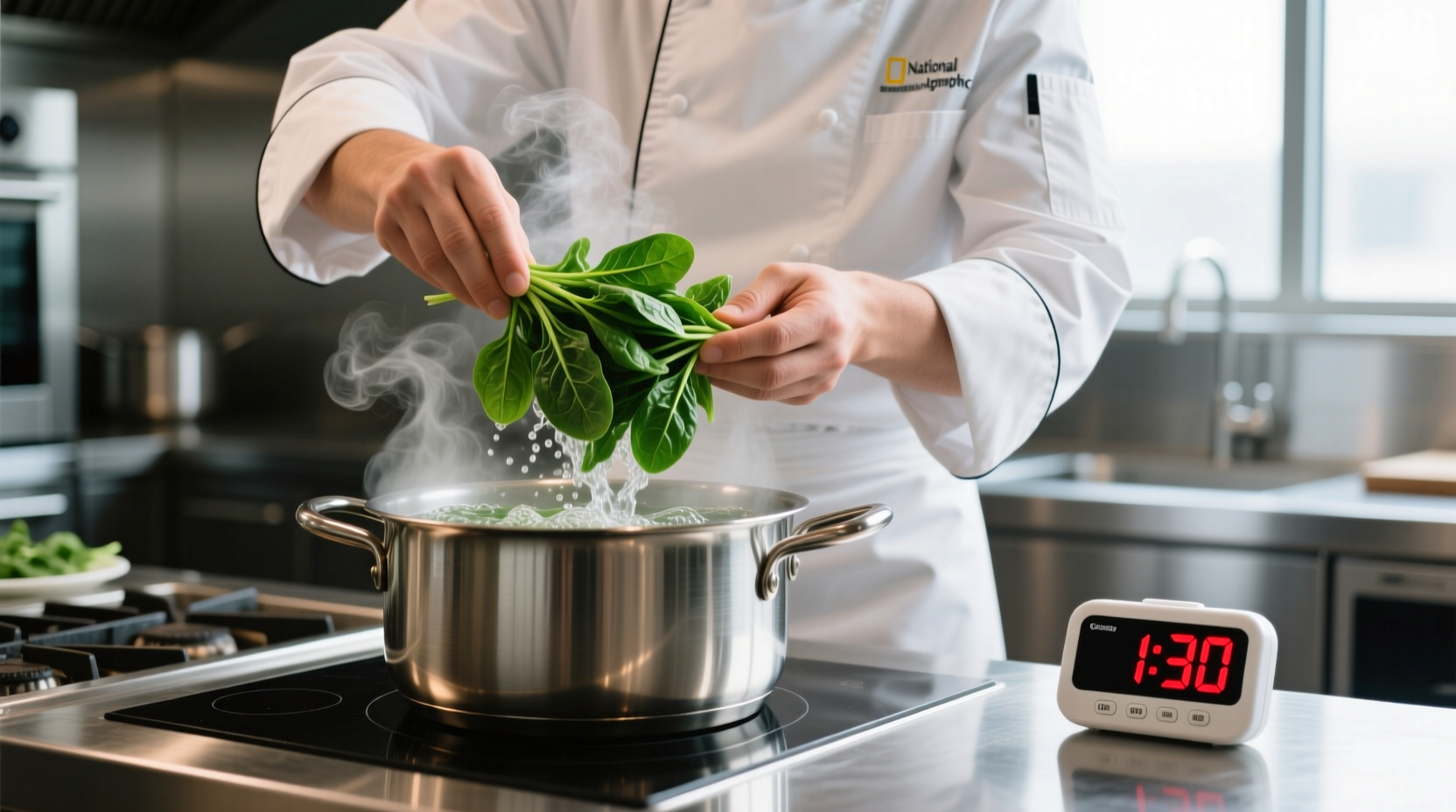 Chef demonstrating spinach blanching technique with timer