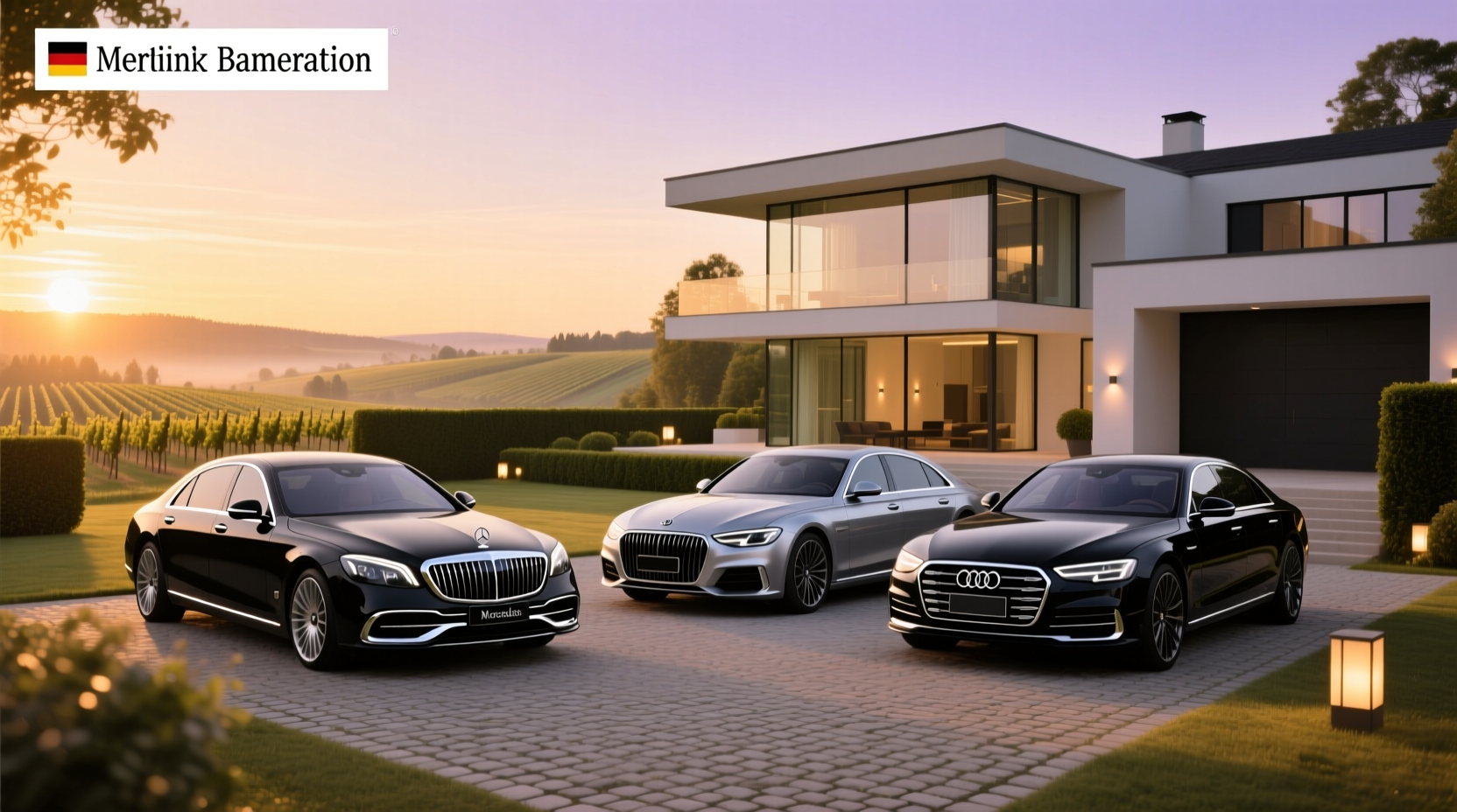 Luxury German car brands display featuring Mercedes, BMW, and Audi emblems