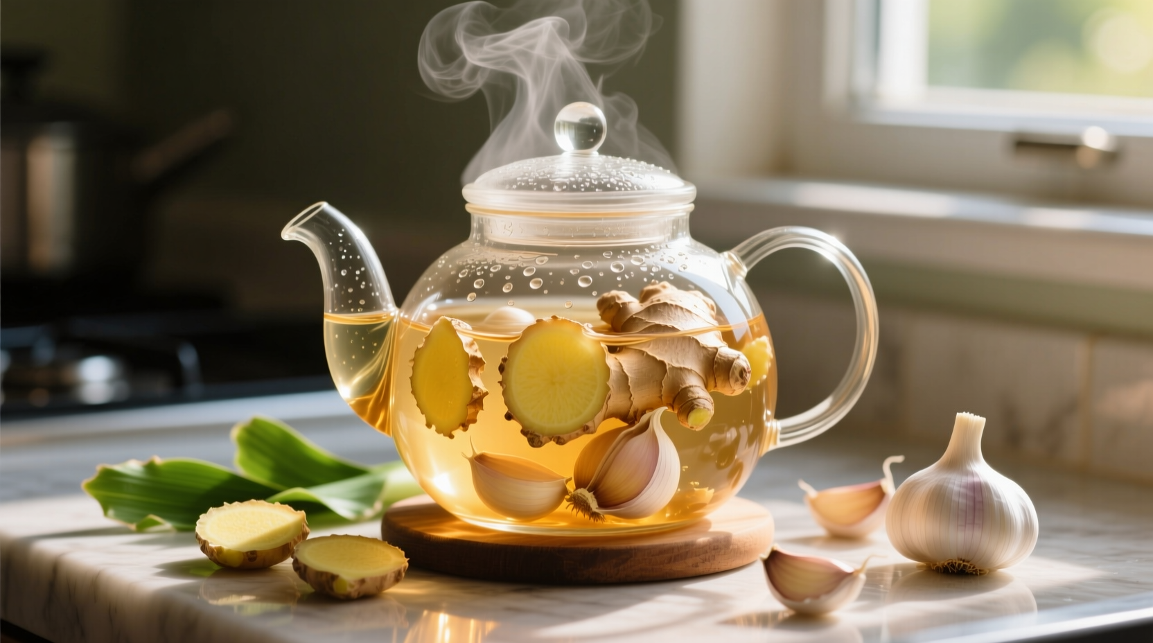 Fresh ginger and garlic steeping in clear teapot