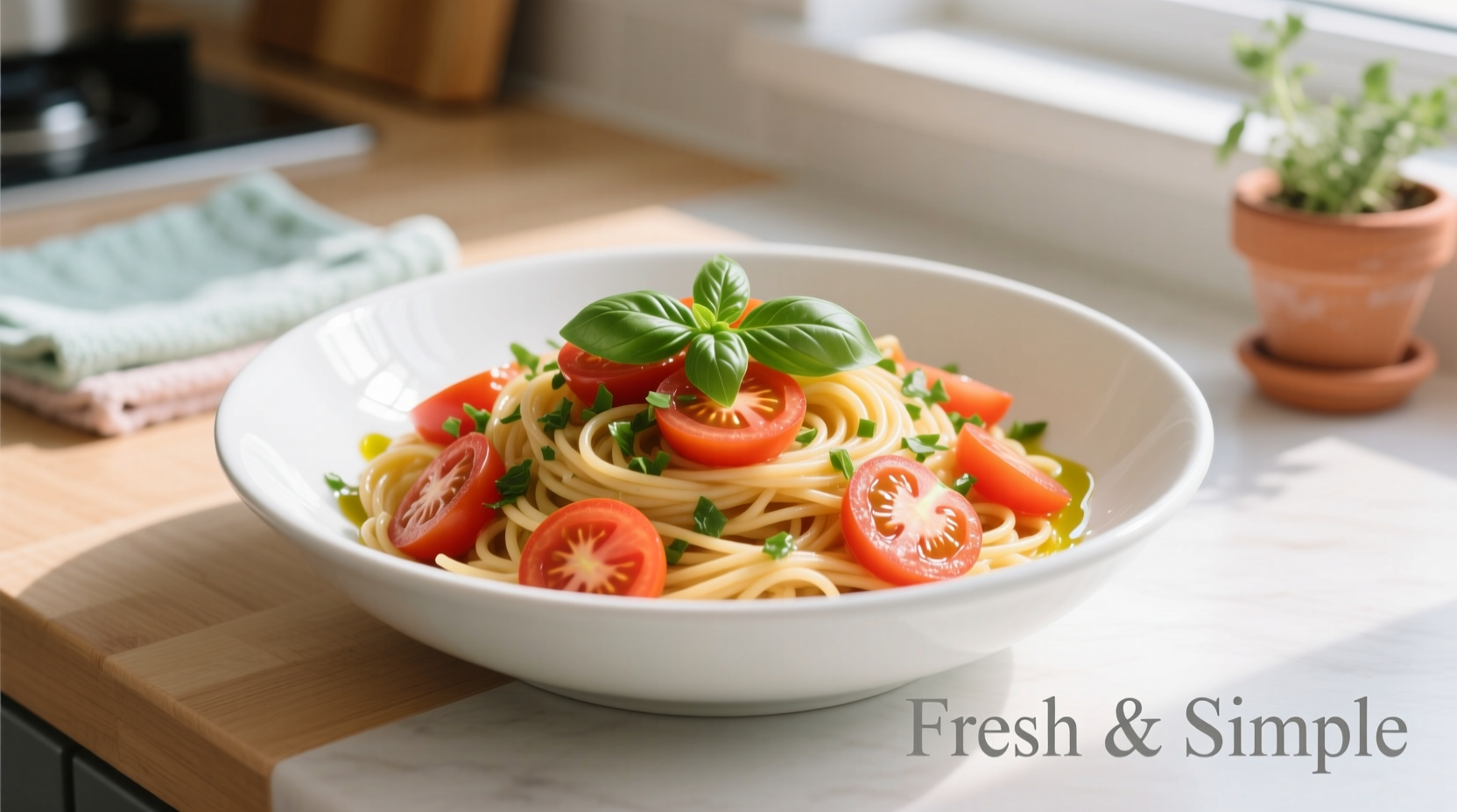 Fresh tomato basil pasta in white bowl