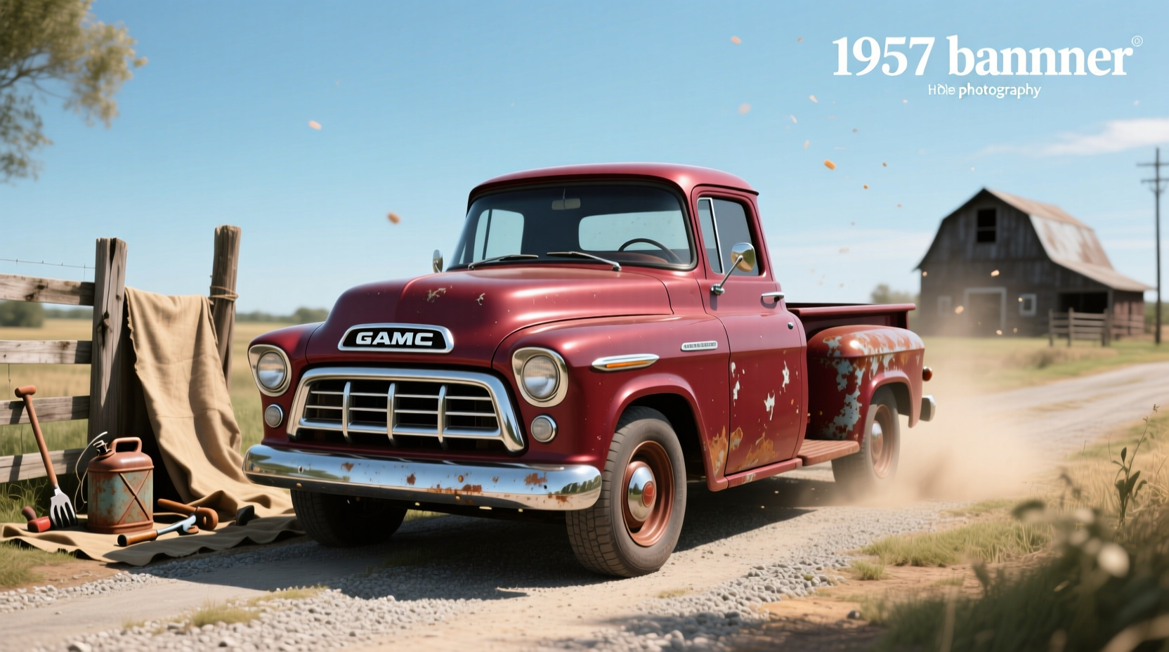 1957 GMC pickup truck for sale, side profile on gravel road