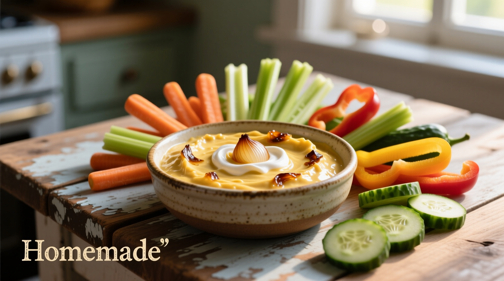 Homemade French onion dip in ceramic bowl with vegetable dippers