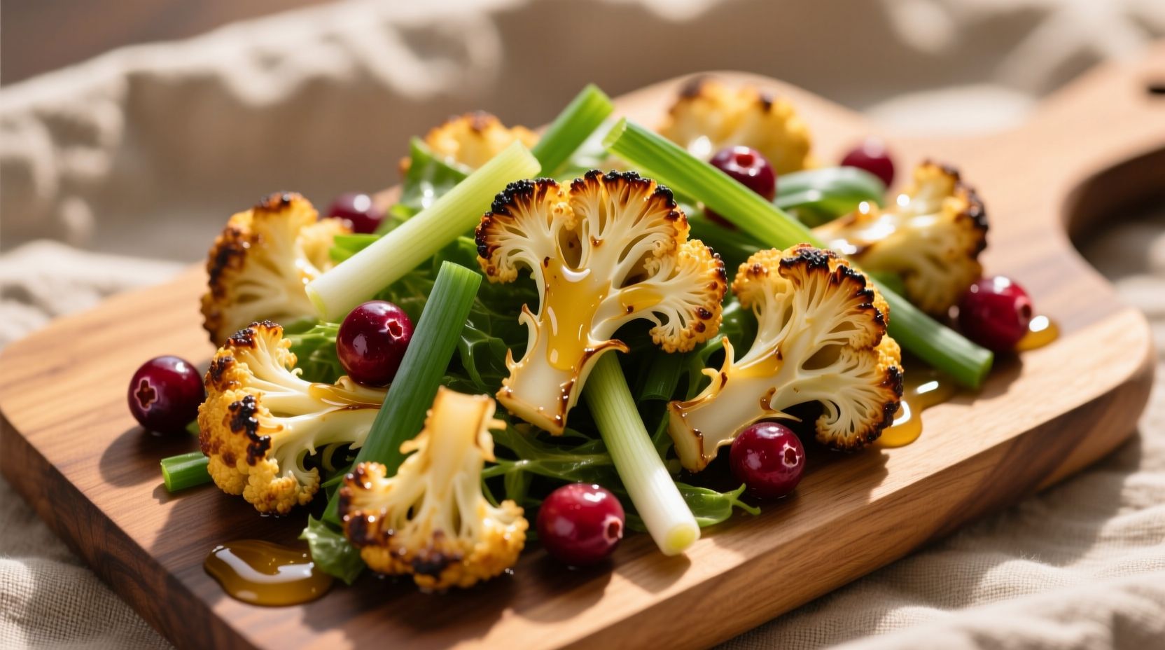 Golden roasted cauliflower salad with vibrant green onions and cranberries