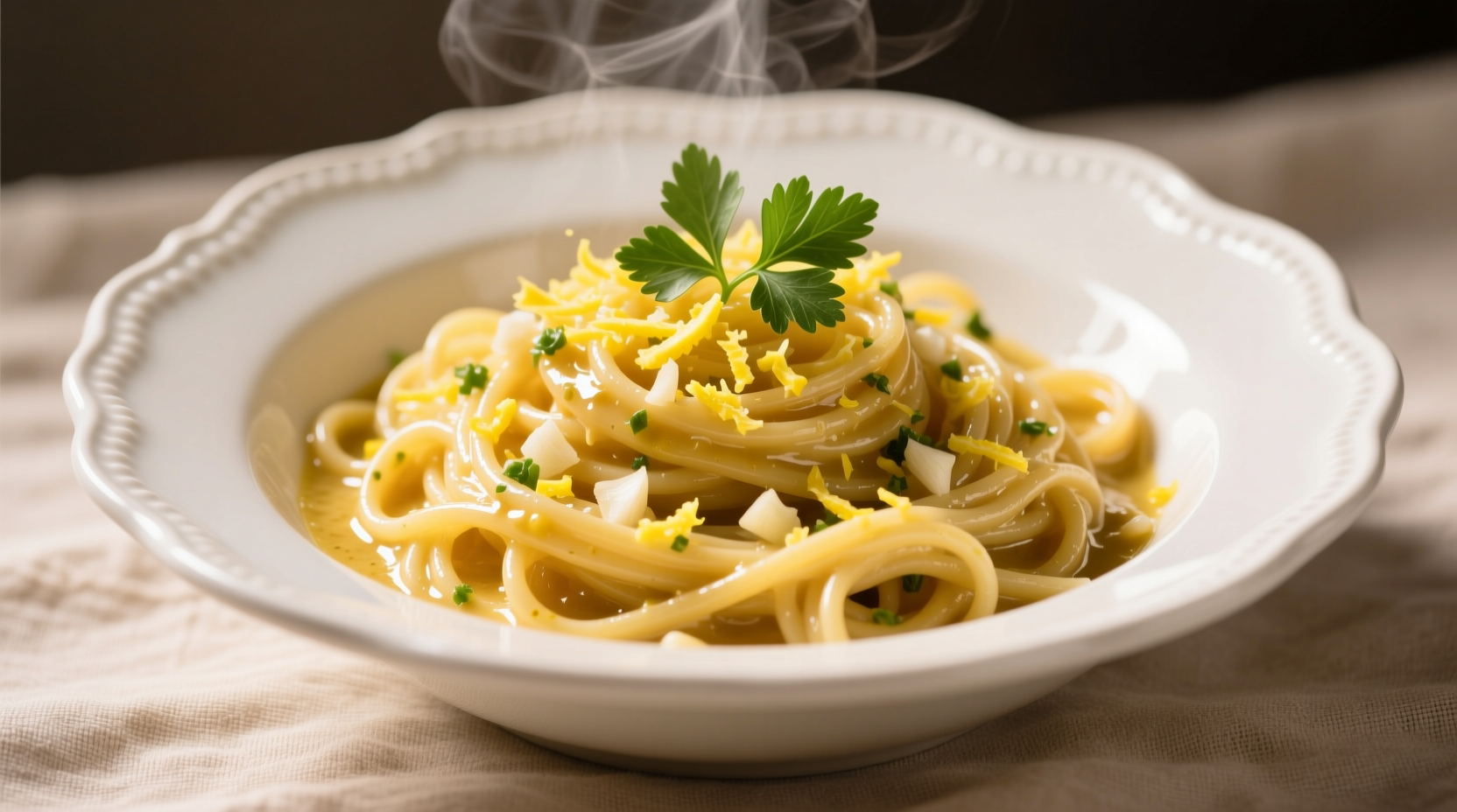 Fresh lemon garlic butter pasta in white bowl