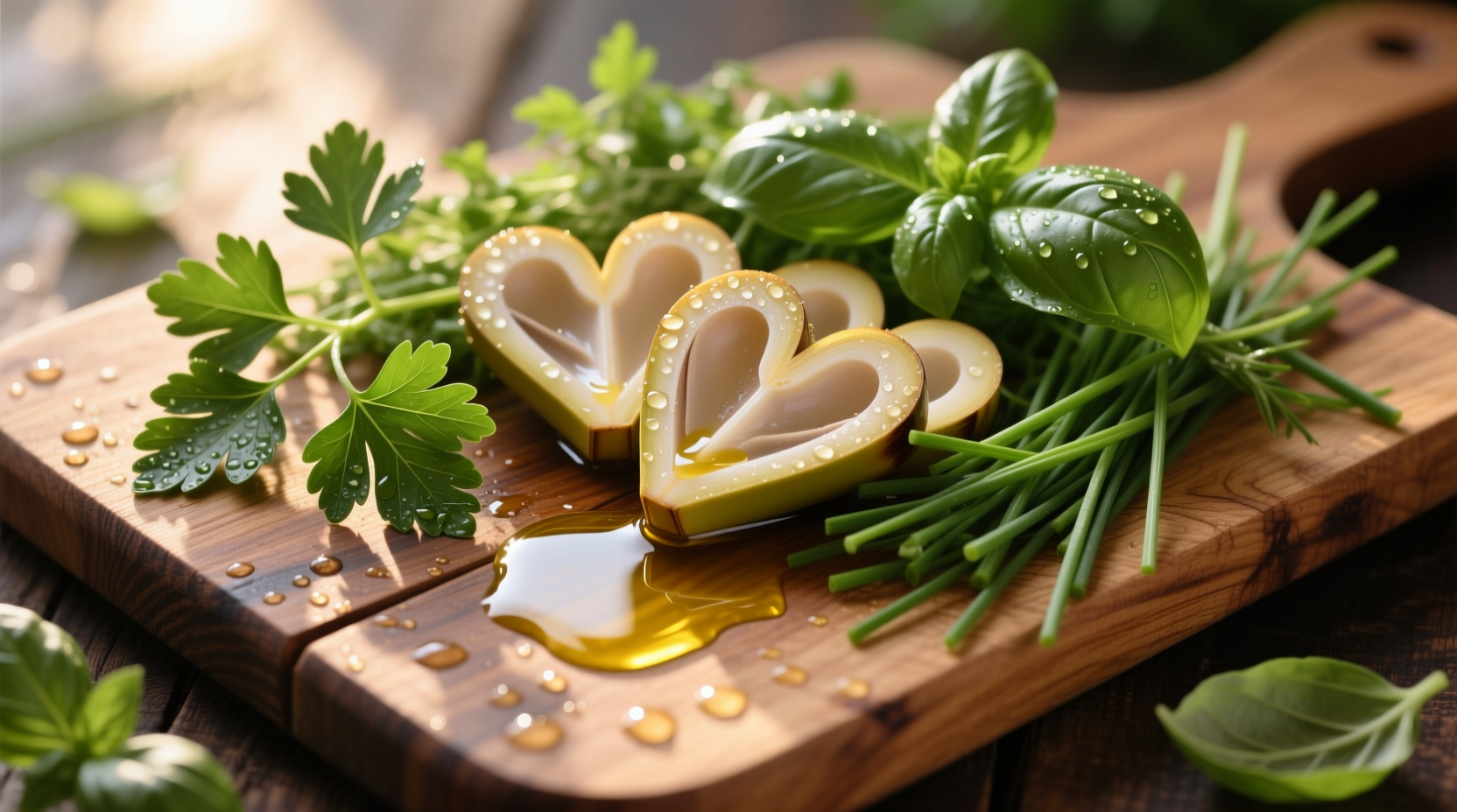 Fresh hearts of palm on wooden cutting board with herbs