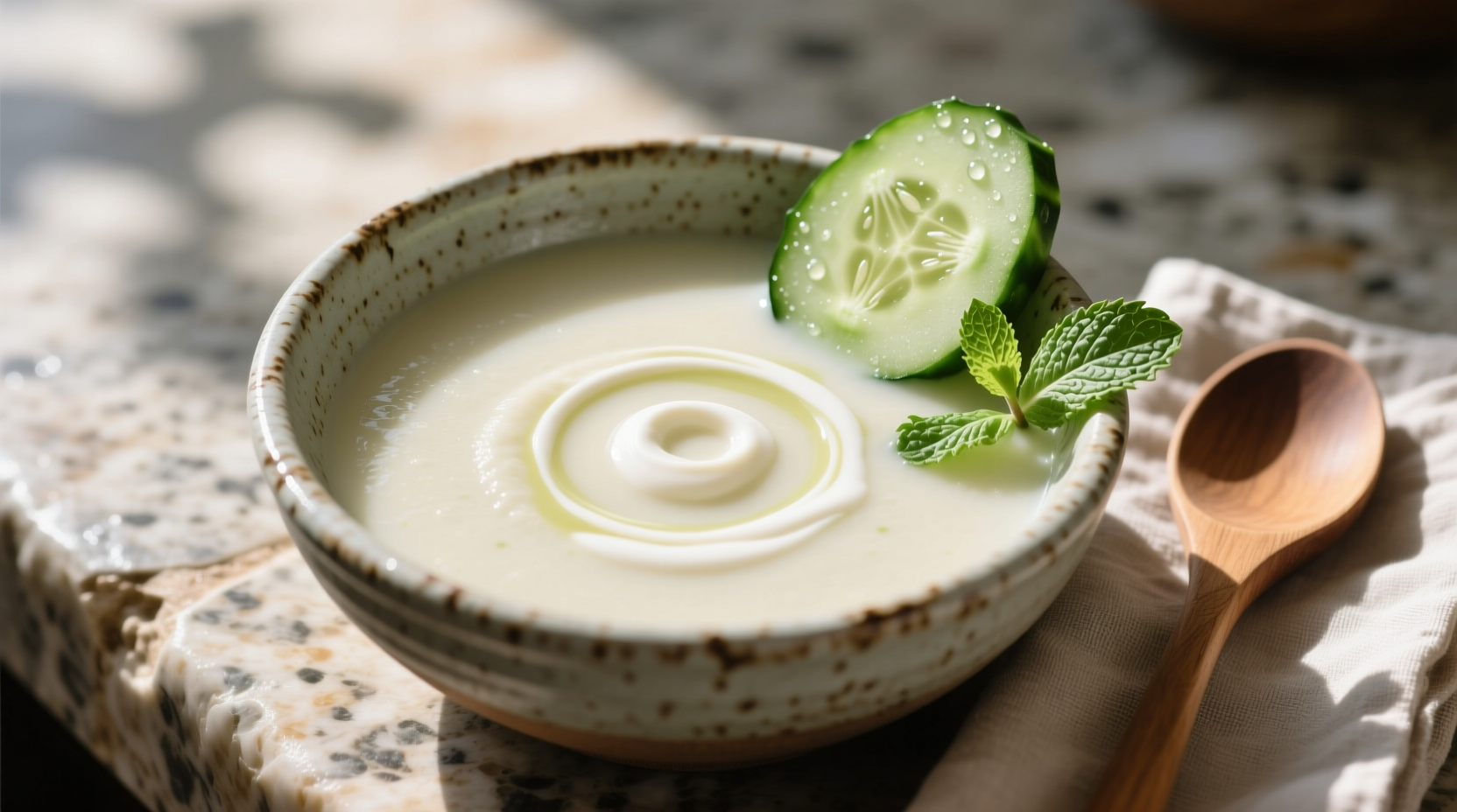 Creamy white gazpacho in bowl with cucumber garnish