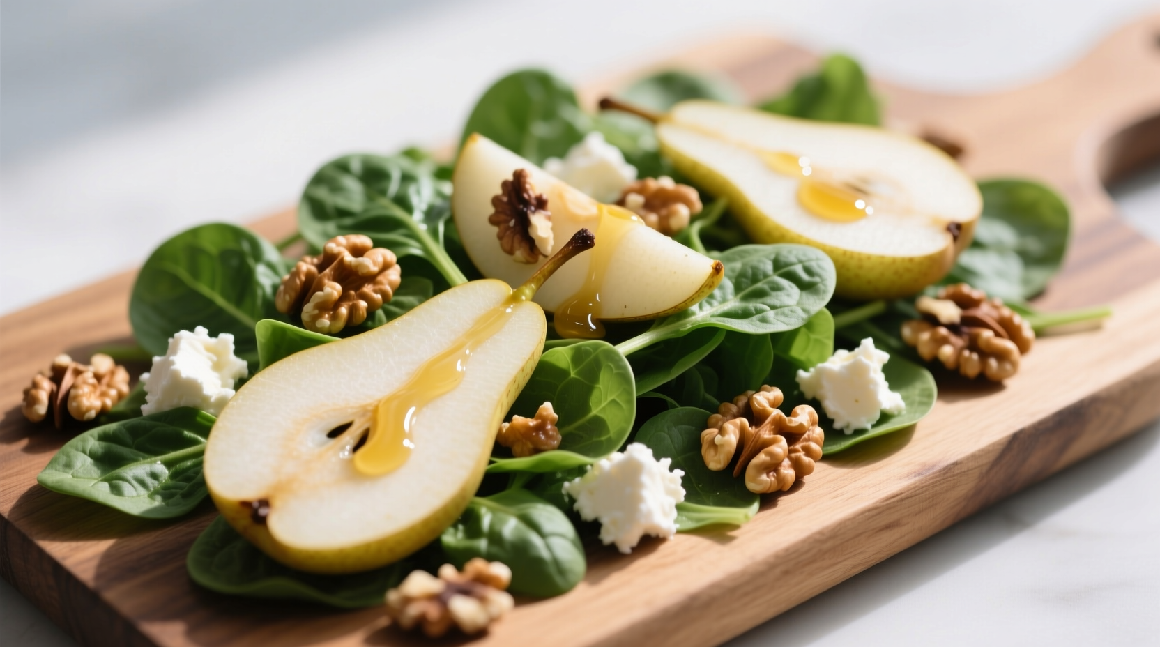 Fresh spinach pear salad with walnuts and goat cheese