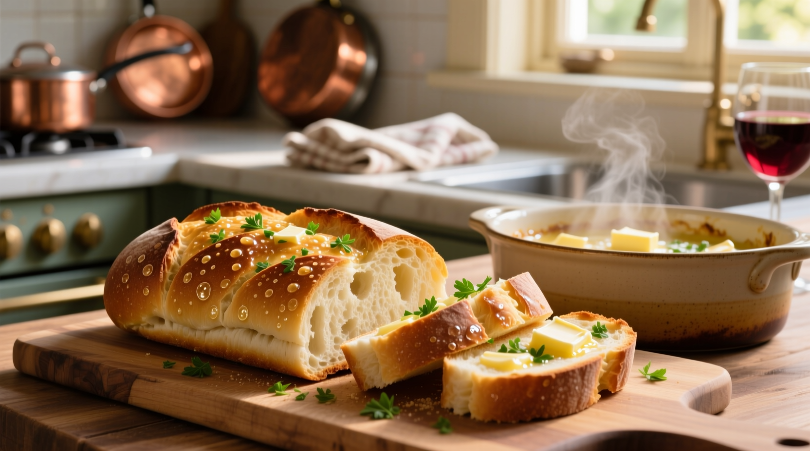 Golden brown garlic bread fresh from oven