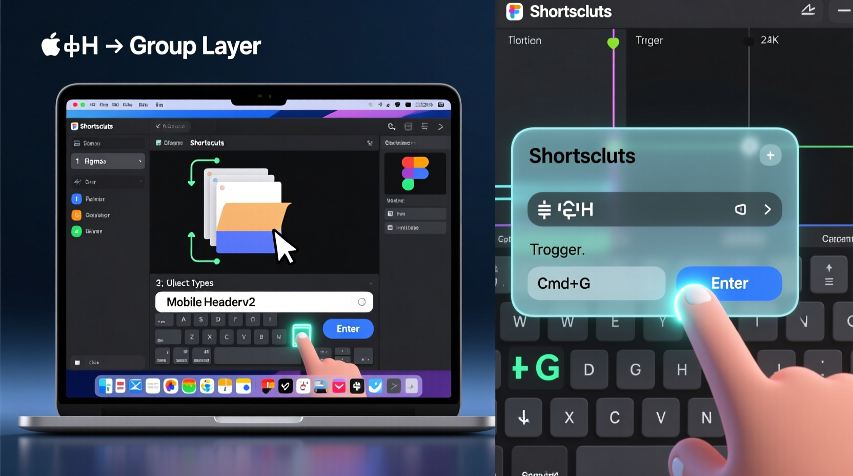 Side-by-side interface showing macOS Shortcuts app recording a sequence: selecting a Figma layer, typing 'Mobile_Header_v2', pressing Enter, then Cmd+G to group — all triggered by a single ⌘⌥H hotkey