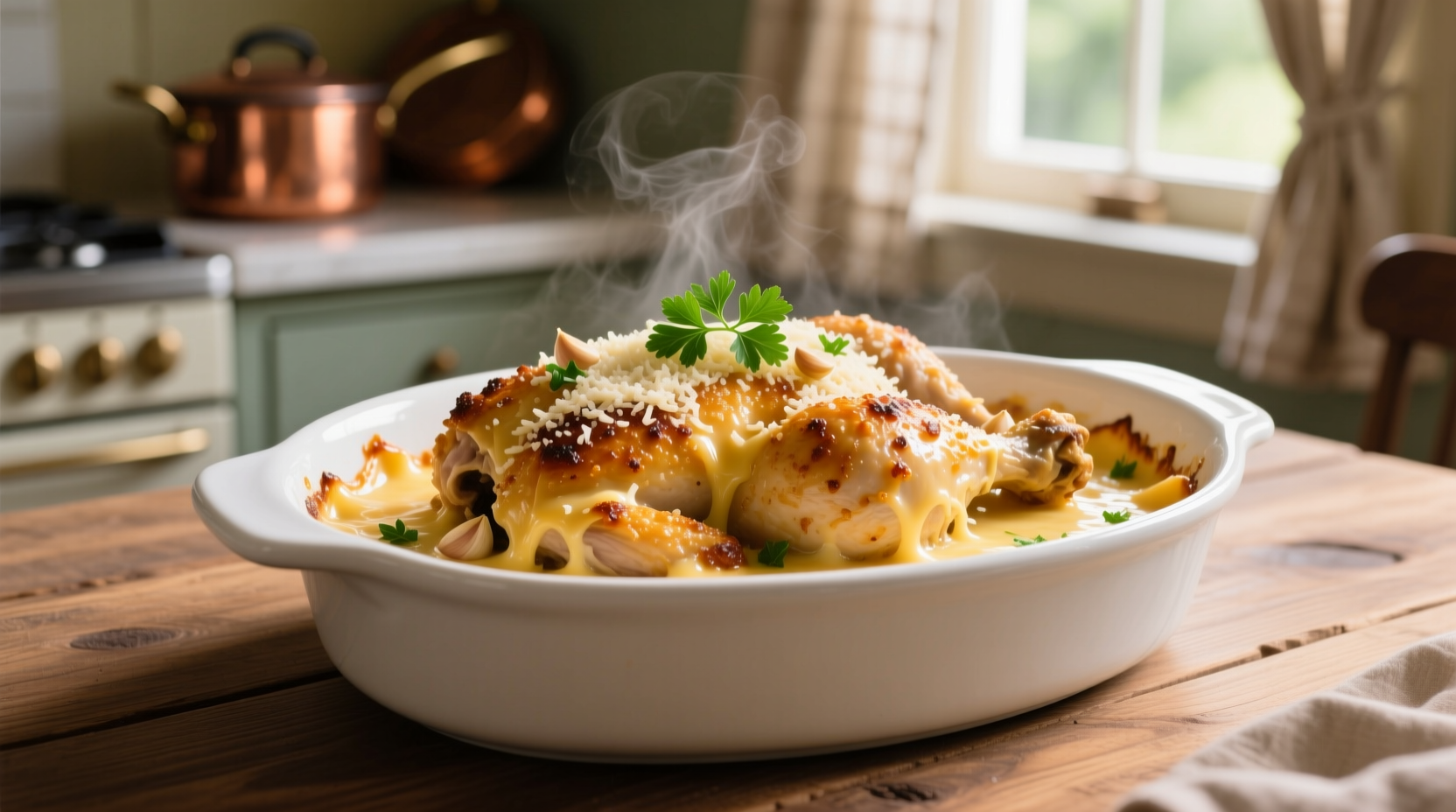 Tender garlic parmesan crockpot chicken in white dish