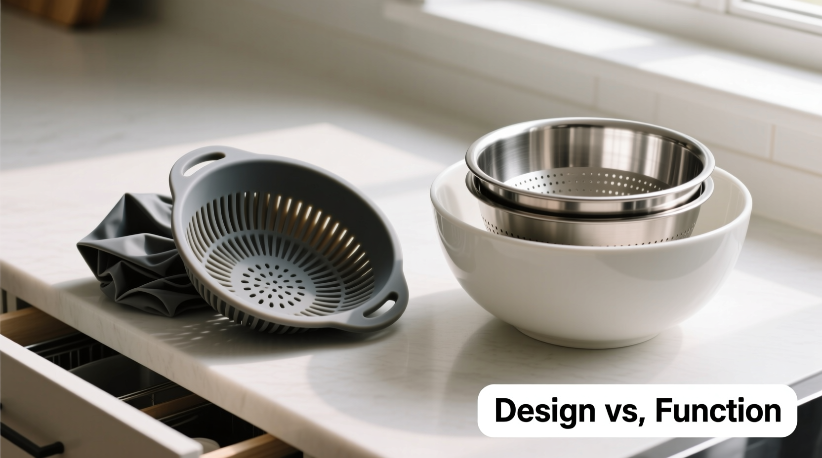 Side-by-side comparison: a folded silicone colander half-unfolded in a cramped drawer next to a sleek stainless steel nesting colander nested inside a ceramic mixing bowl on a clean countertop