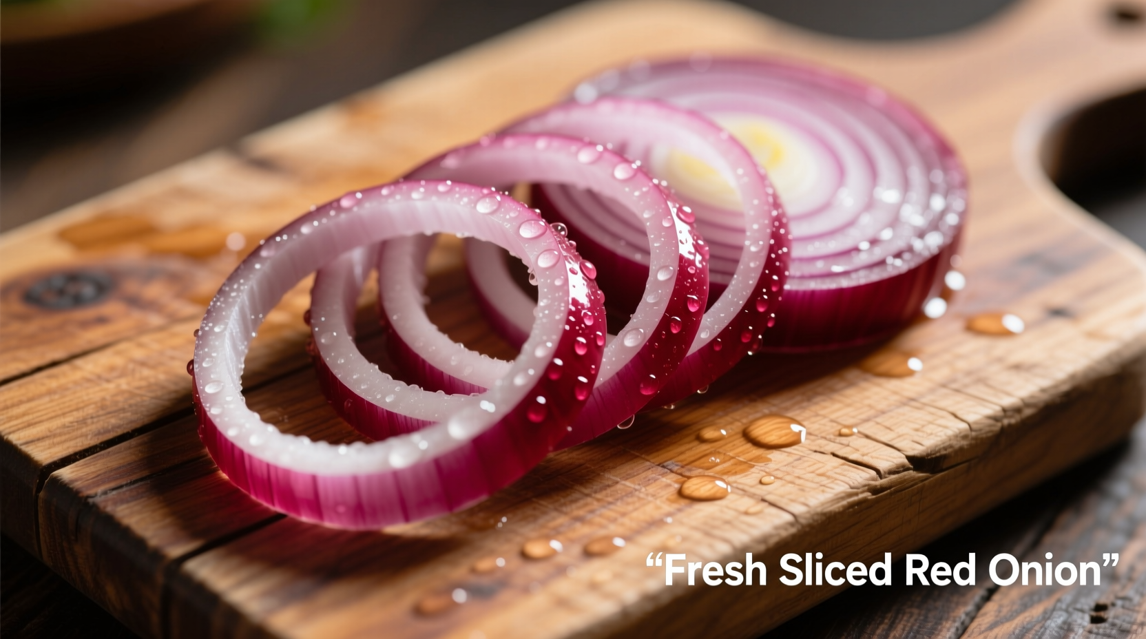 Fresh sliced red onions on wooden cutting board
