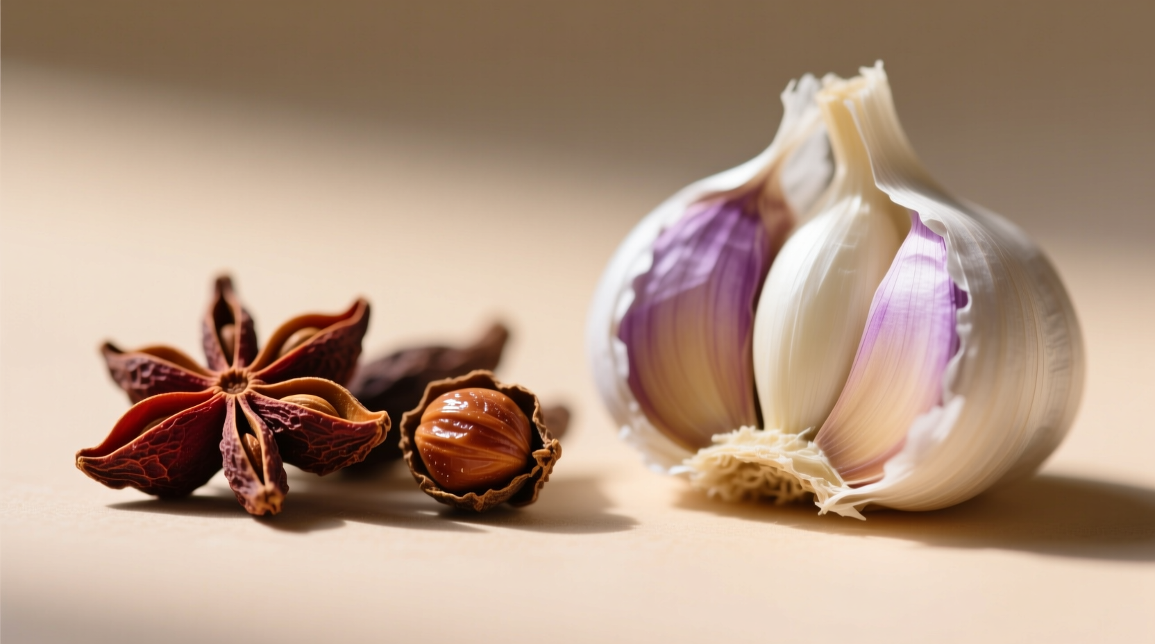Close-up of whole spice cloves and garlic cloves side by side