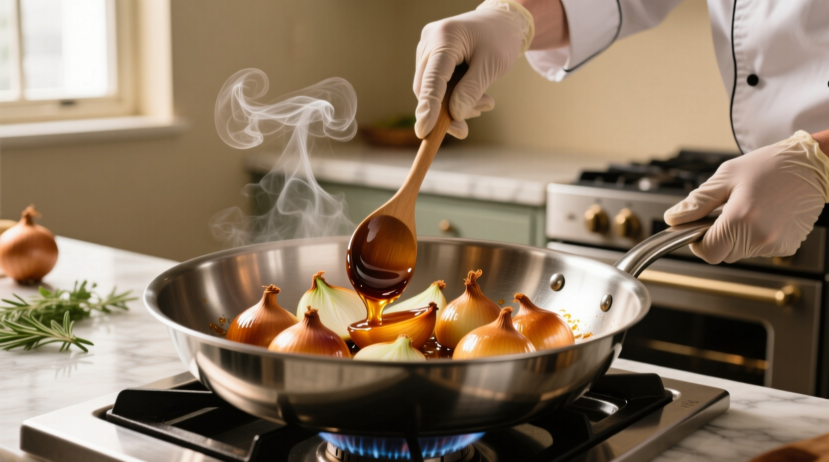 Chef caramelizing sweet onions in stainless steel pan