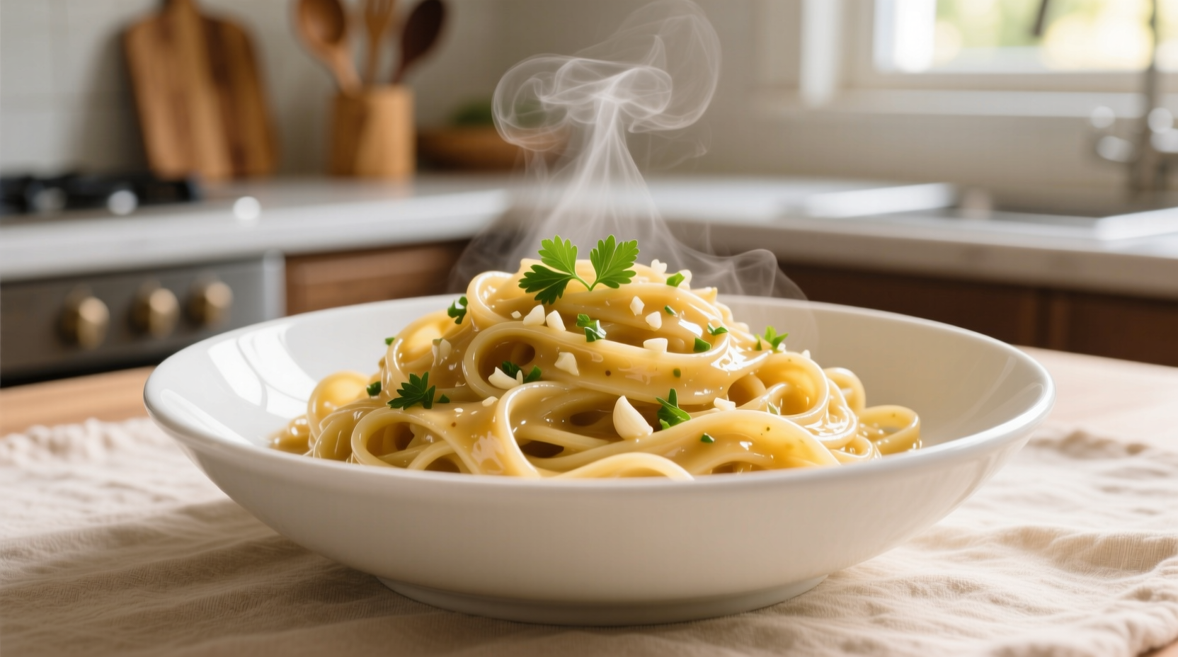 Freshly cooked garlic sauce pasta in white bowl