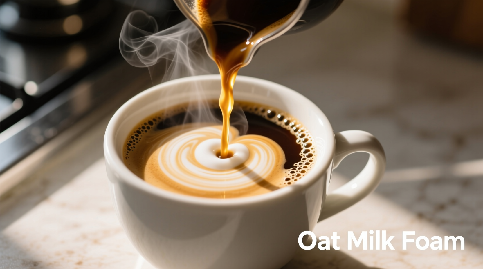 Oat milk poured into coffee showing creamy foam