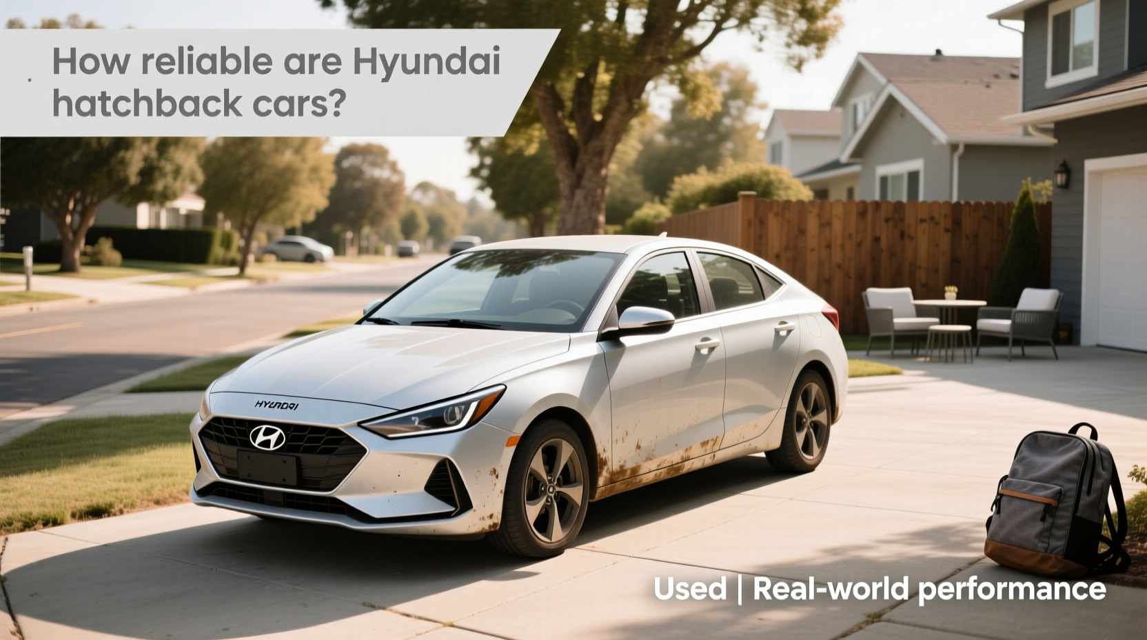 Used Hyundai hatchback parked in urban setting showing side profile
