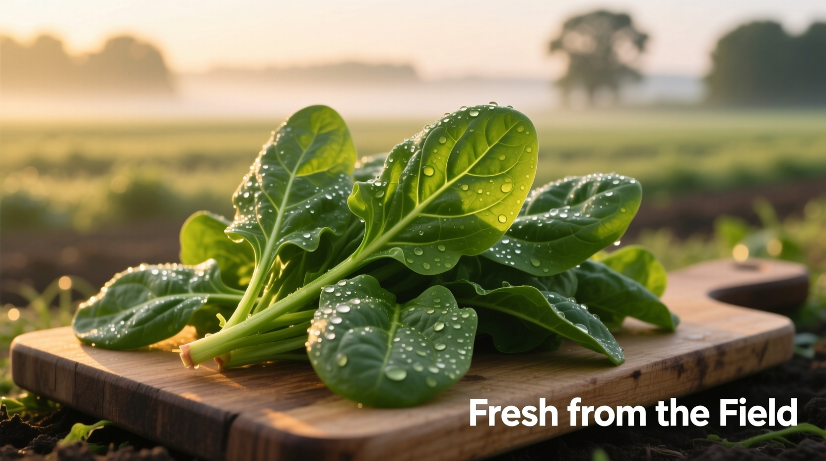 Freshly harvested spinach leaves in morning light