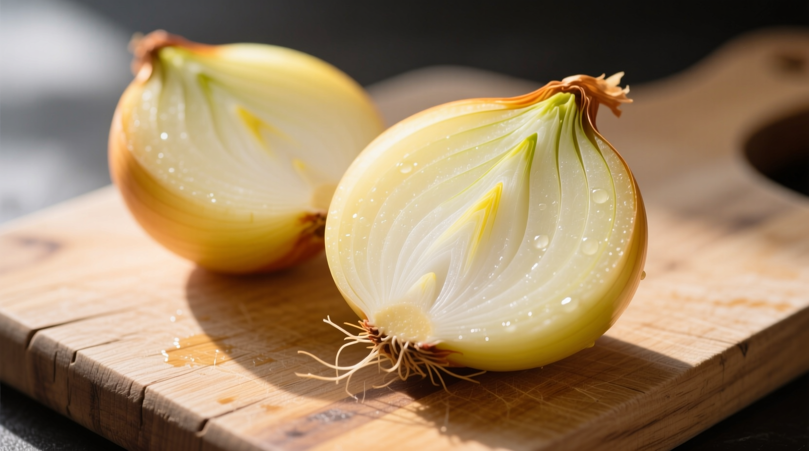Fresh yellow onion halves on cutting board