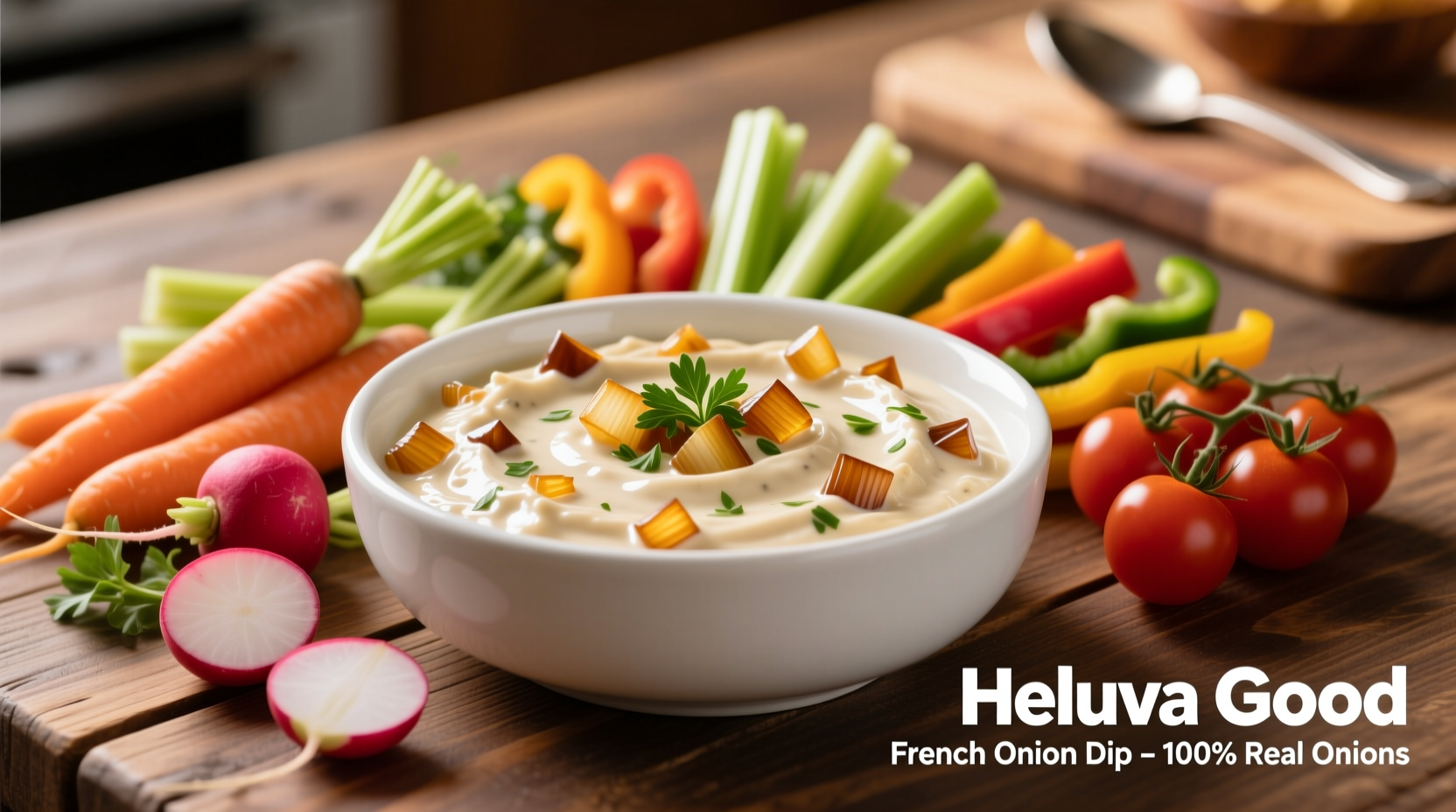 Heluva Good French Onion Dip serving with vegetables