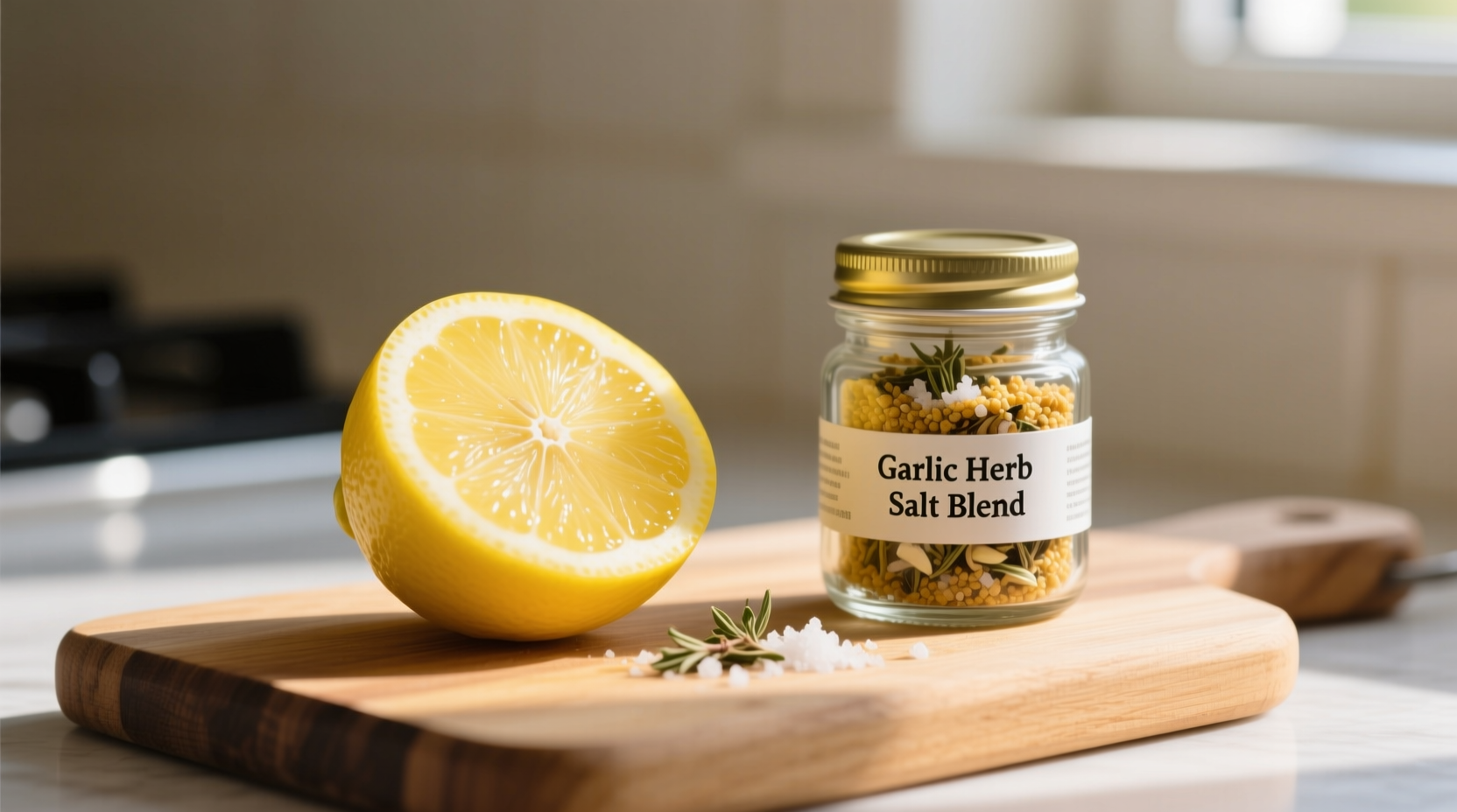 Garlic powder jar in pantry next to fresh lemons showing no specialty ingredients needed for low-sodium cooking