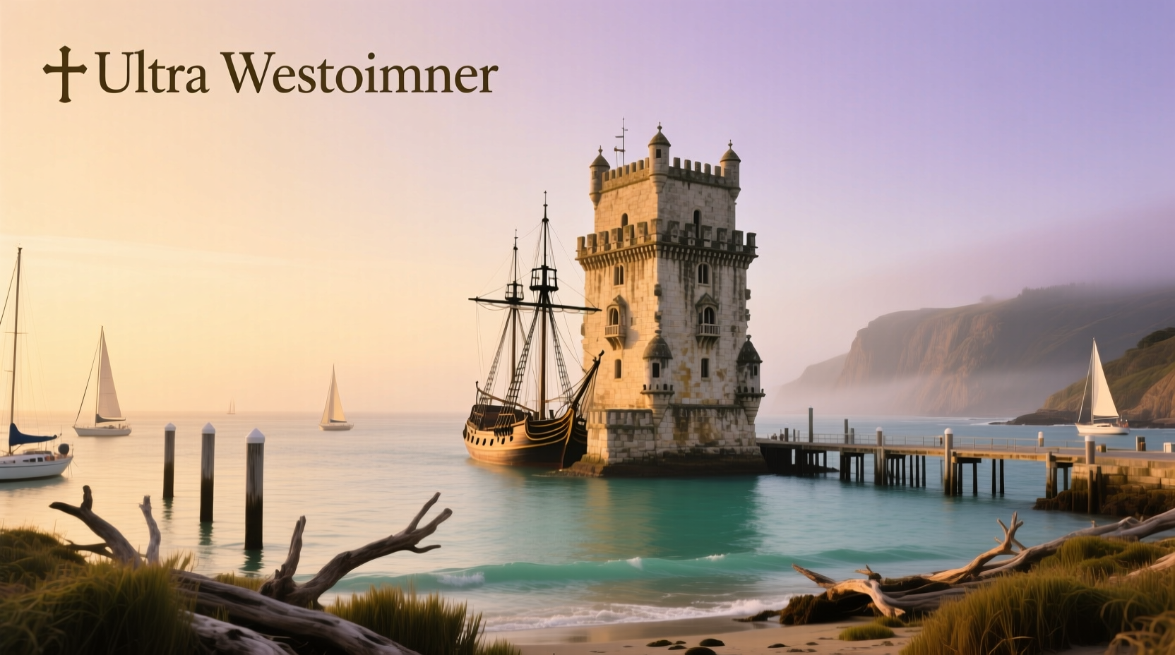 Wide-angle shot of a boat deck with tower and passengers shaded under canopy