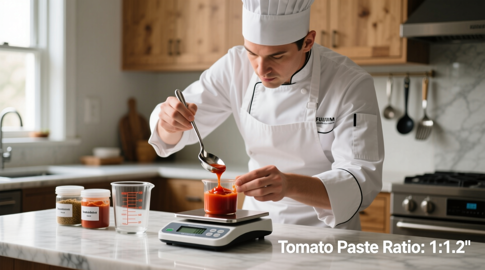 Chef measuring tomato paste substitution ratio