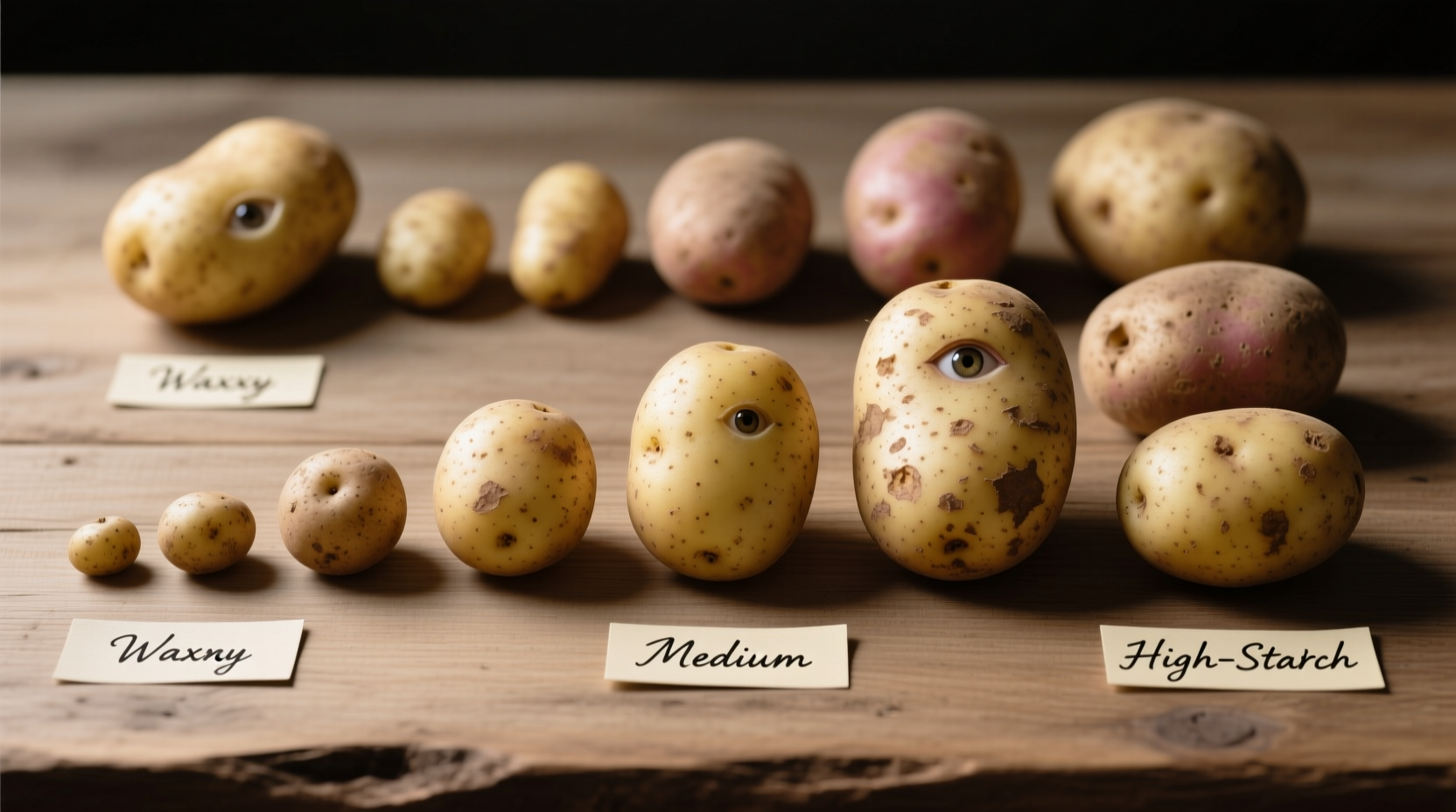 Various potato types arranged by starch content