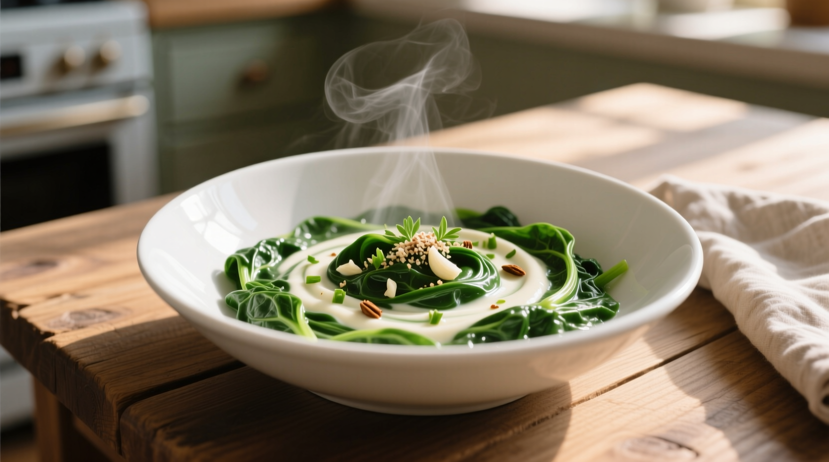 Creamy spinach in white ceramic serving dish