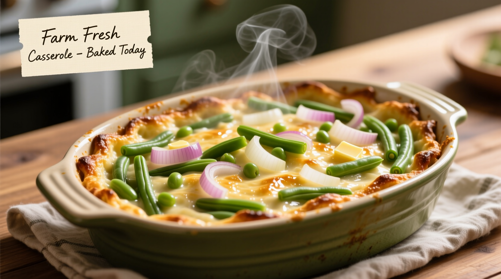 Golden green bean and onion casserole fresh from oven