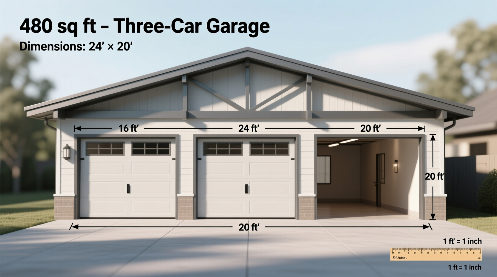 how many square feet in a three car garage