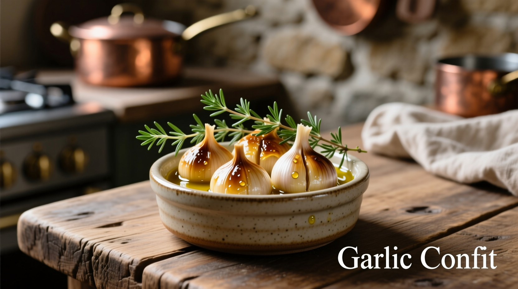 Garlic confit in small ceramic ramekin with fresh thyme