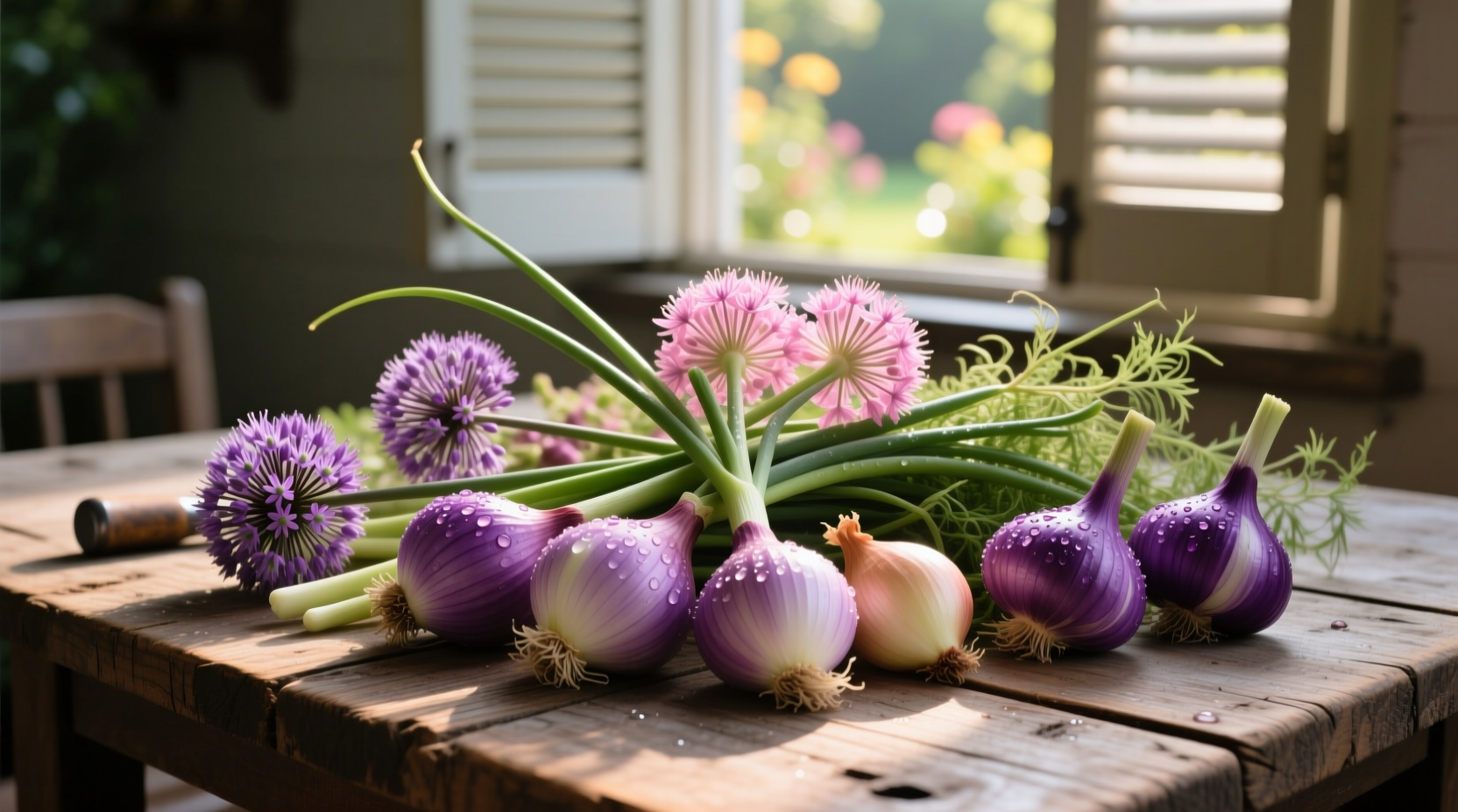 Freshly harvested allium varieties on wooden table