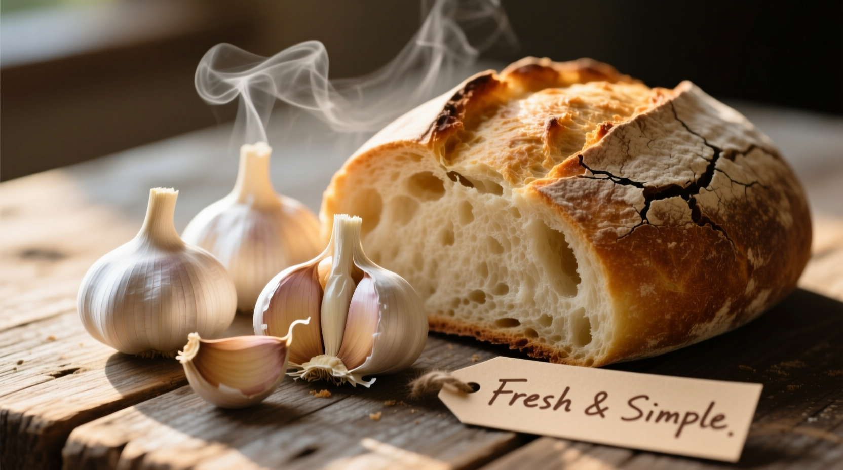Fresh garlic cloves next to homemade bread loaf