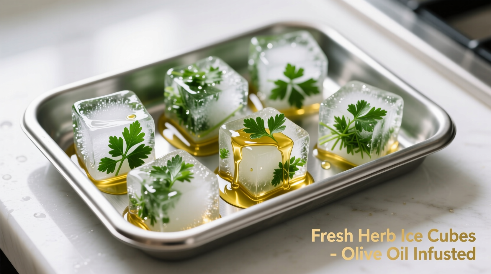 Chopped parsley frozen in ice cube tray with olive oil