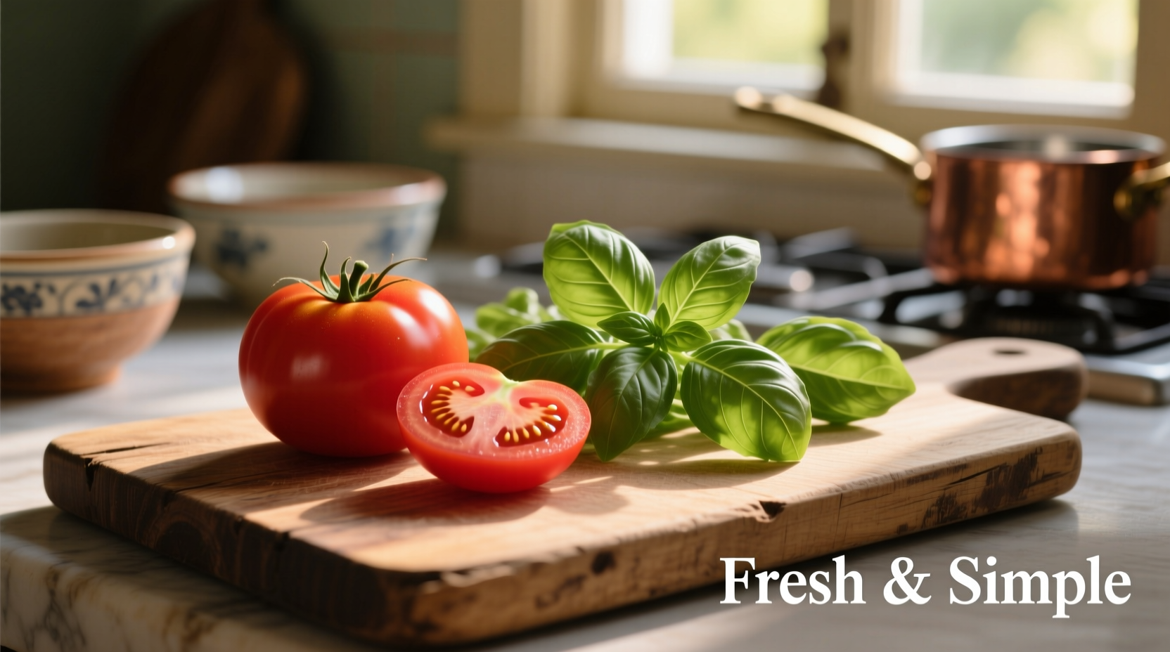 Fresh tomato and basil on wooden cutting board